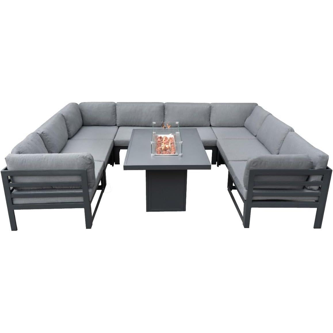 Garden Furniture Set Modular Grey Sofa & Table U Shaped 8 Seater with Gas Fireplace 9 Pieces Aluminum for Living Room Dining Patio Outdoor Corner Conversion & Rain Cover