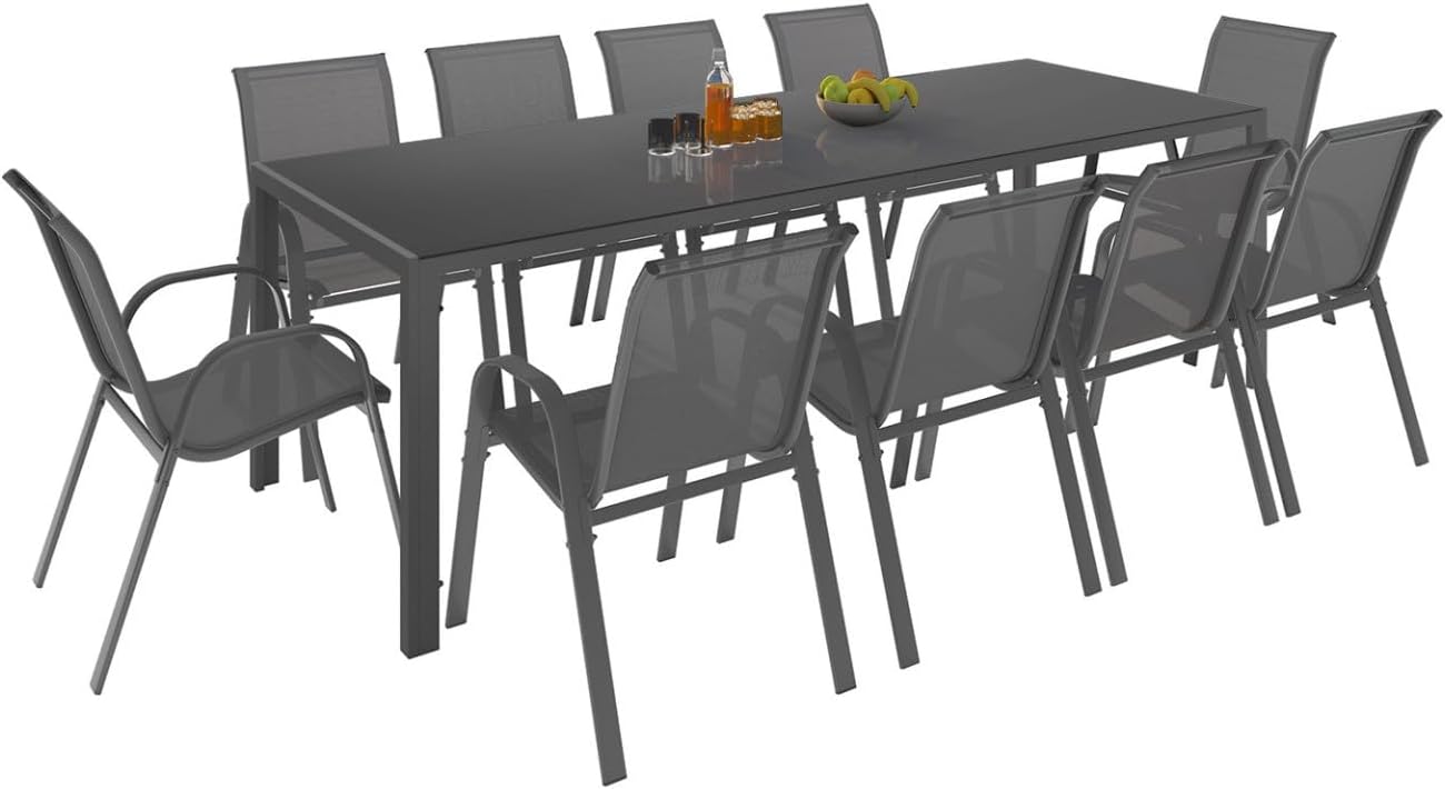 IDMarket - Garden Furniture Madrid Table 240 CM and 10 Stackable Chairs Charcoal Grey