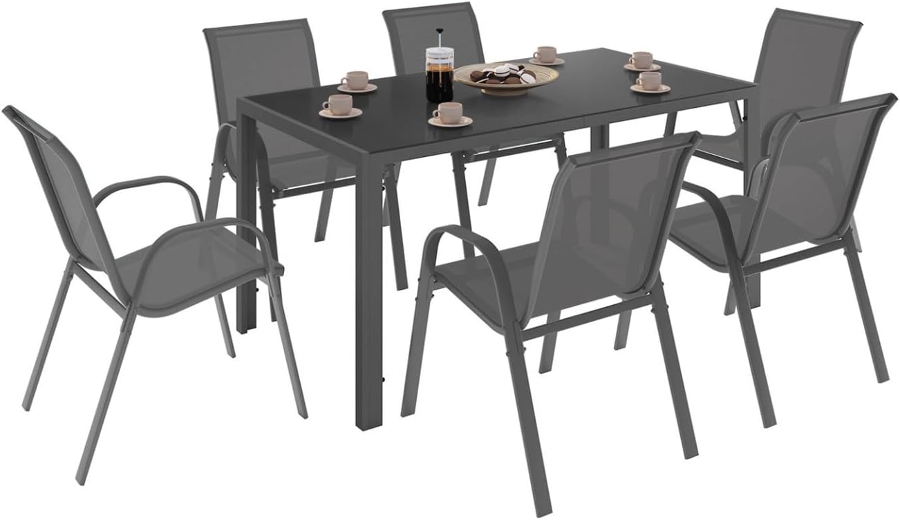 IDMarket - Garden Furniture Madrid Table 150 CM and 6 Stackable Chairs Charcoal Grey
