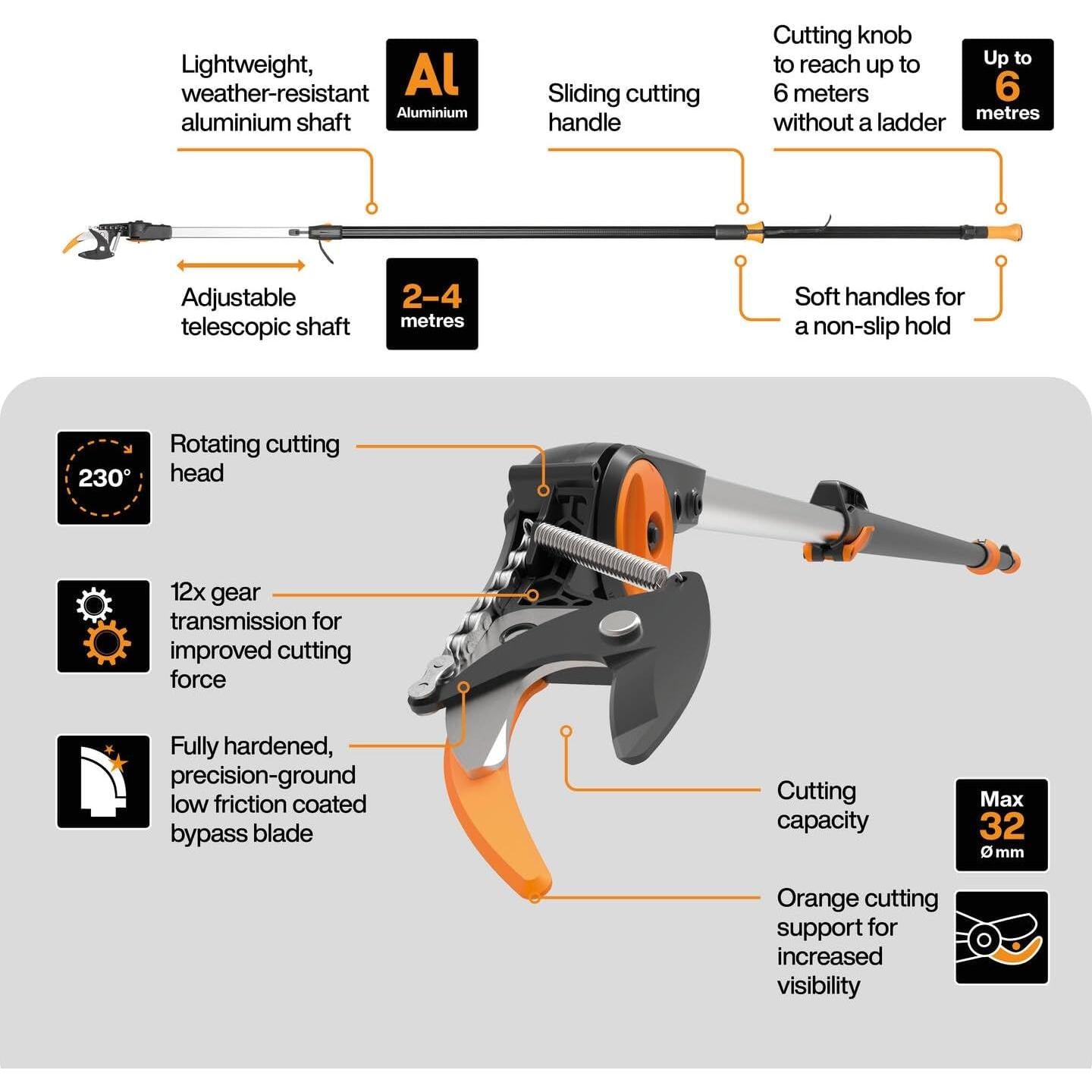 Fiskars Multi-functional Telescopic Branch Cutter, for Green Wood and Twigs, Non-Stick Coating, Steel Blade/Aluminium Handle, Length 2.4 - 4 m, Black/Orange, UPX86, 1023624