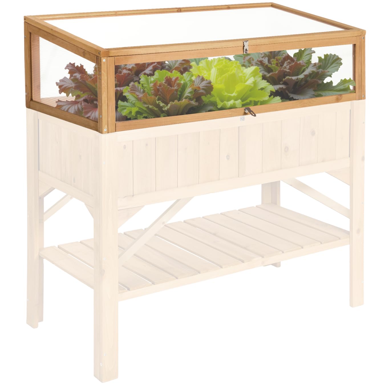 tectake Square Garden Vegetable Garden on Raised Wooden Stand, Wooden Planter Seedling Tray with Storage for Tools, Mini Greenhouse Frame Included – 119 x 57 x 90 cm
