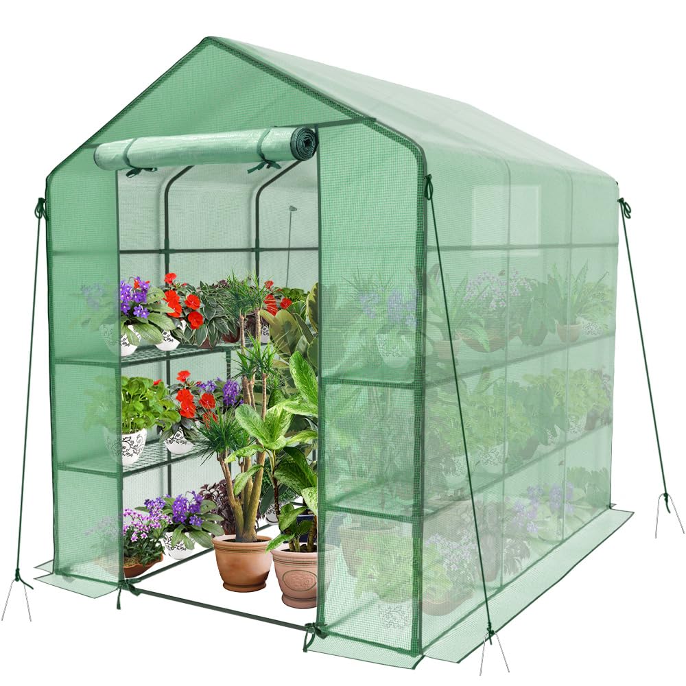 VOUNOT PE Garden Greenhouse with Shelves 3 Levels Garden Greenhouse for Vegetables Plants Flowers Reinforced Tarpaulin 135g/m2 Protect Your Plants in All Seasons 143 x 143 x 195 cm