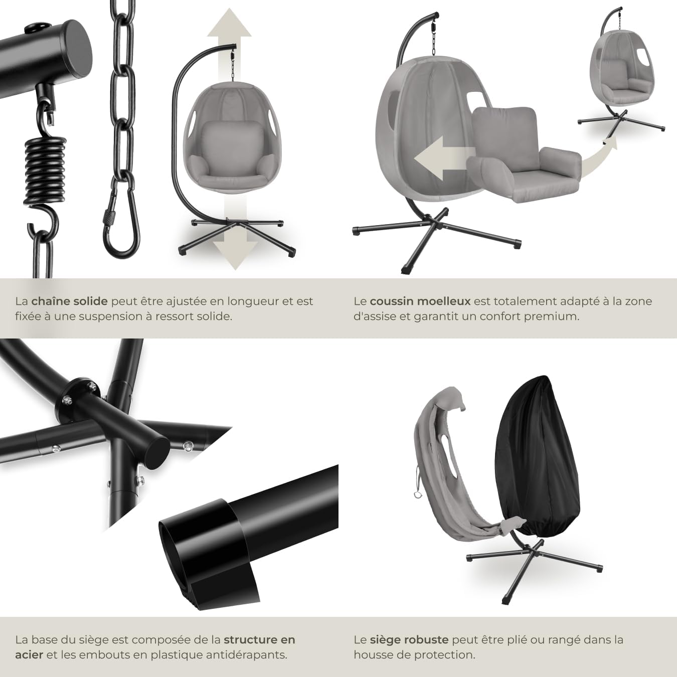 tectake Cocooning Hanging Egg Swing Chair, Comfortable & Durable, Folding Armchair with Steel Frame, Thick Cushion & Protective Cover