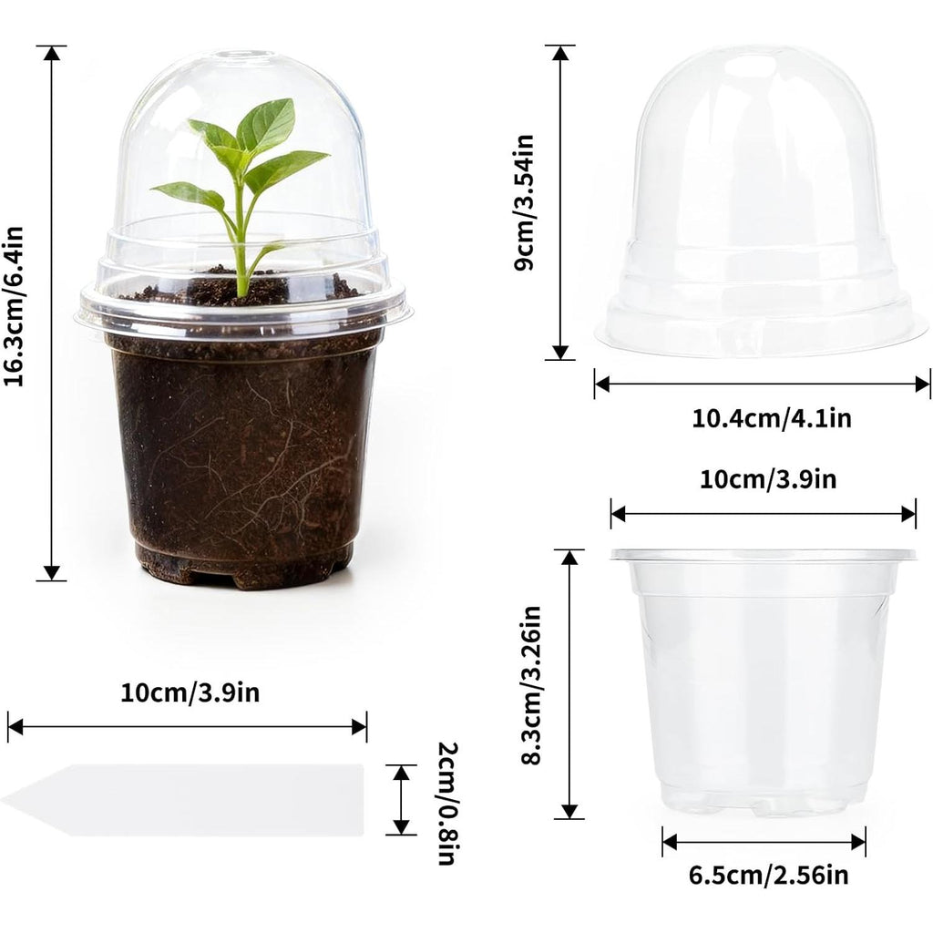 KINGLAKE 10 cm Plant Pot, 12 Plastic Flower Pots, Repotting Pots with Transparent Lid and 10 x Plant Labels, Planting Bucket – Transparent