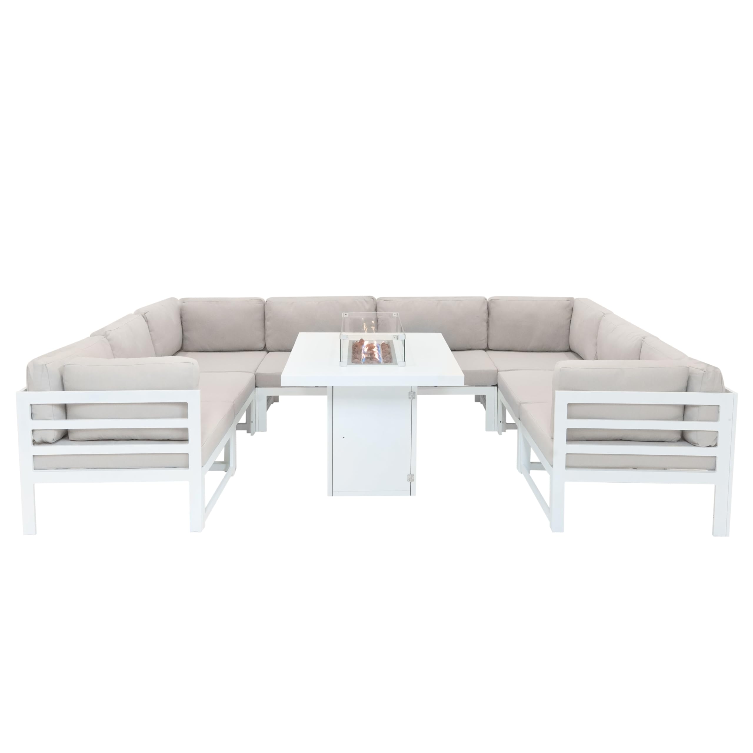 Garden Furniture Set Modular Grey Sofa & Table U Shaped 8 Seater with Gas Fireplace 9 Pieces Aluminum for Living Room Dining Patio Outdoor Corner Conversion & Rain Cover