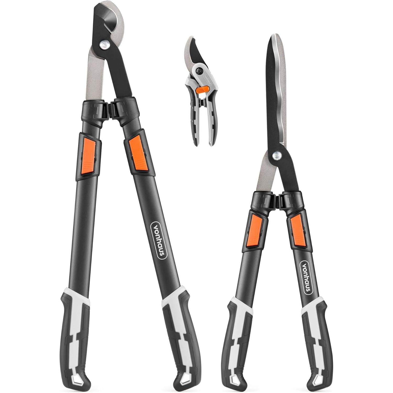 VonHaus Garden Shears Set of 3 - Branch Trimmer, Hedge Trimmer, Pruner - Extendable Telescopic Handles - Soft Grip - Lightweight Tools
