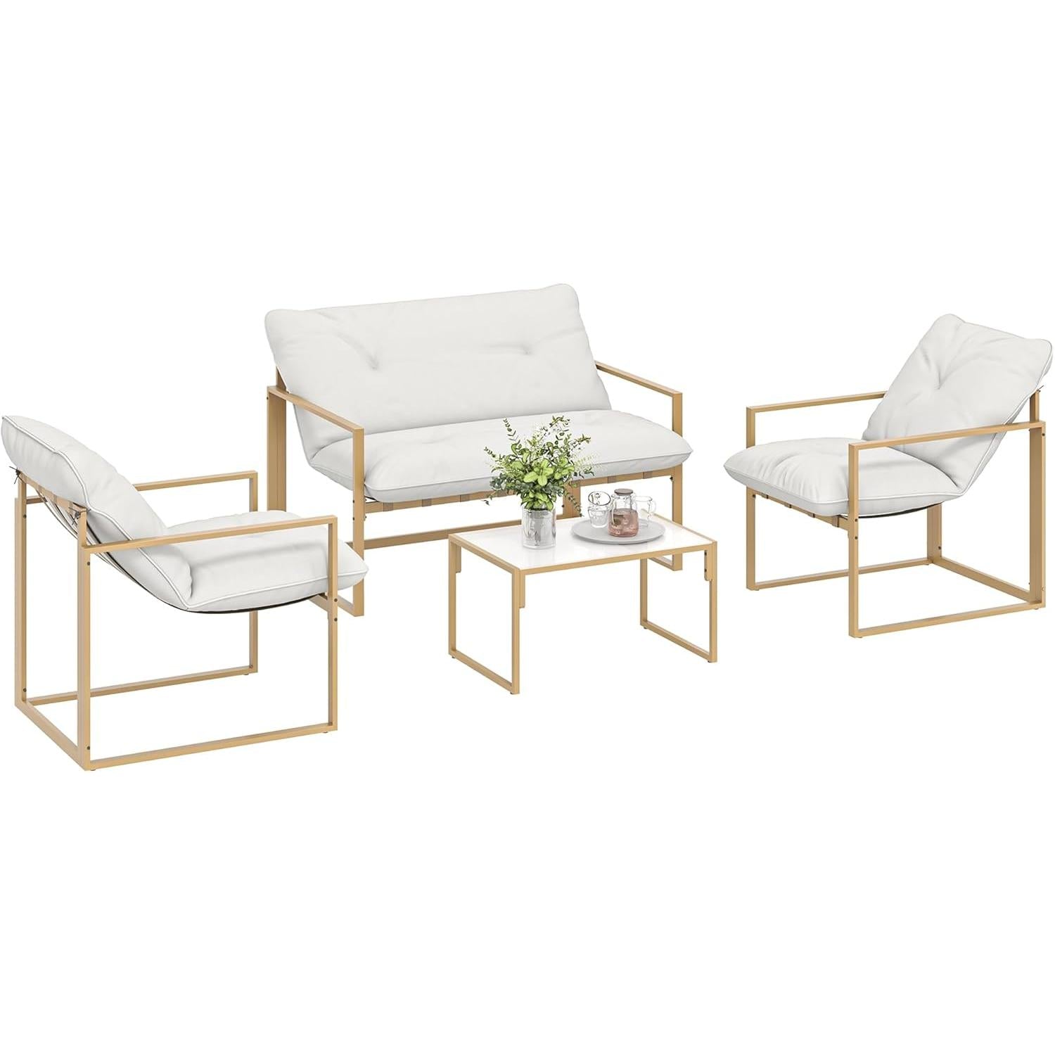Outsunny 4 Piece Outdoor Garden Furniture Set with Cushions Extra Thick 15 cm - Garden Furniture and Low Lounge Set for Patio - 2 Seater Sofa with Coffee Table and 2 Armchairs, Khaki Steel Frame