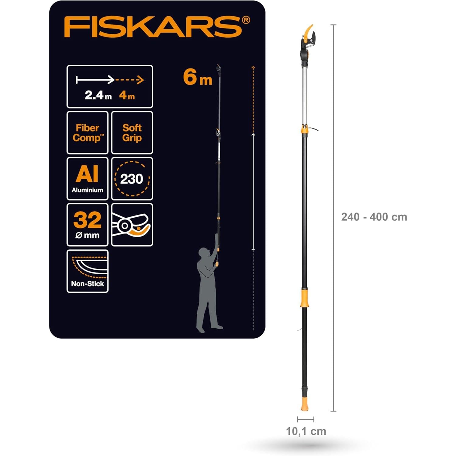 Fiskars Multi-functional Telescopic Branch Cutter, for Green Wood and Twigs, Non-Stick Coating, Steel Blade/Aluminium Handle, Length 2.4 - 4 m, Black/Orange, UPX86, 1023624