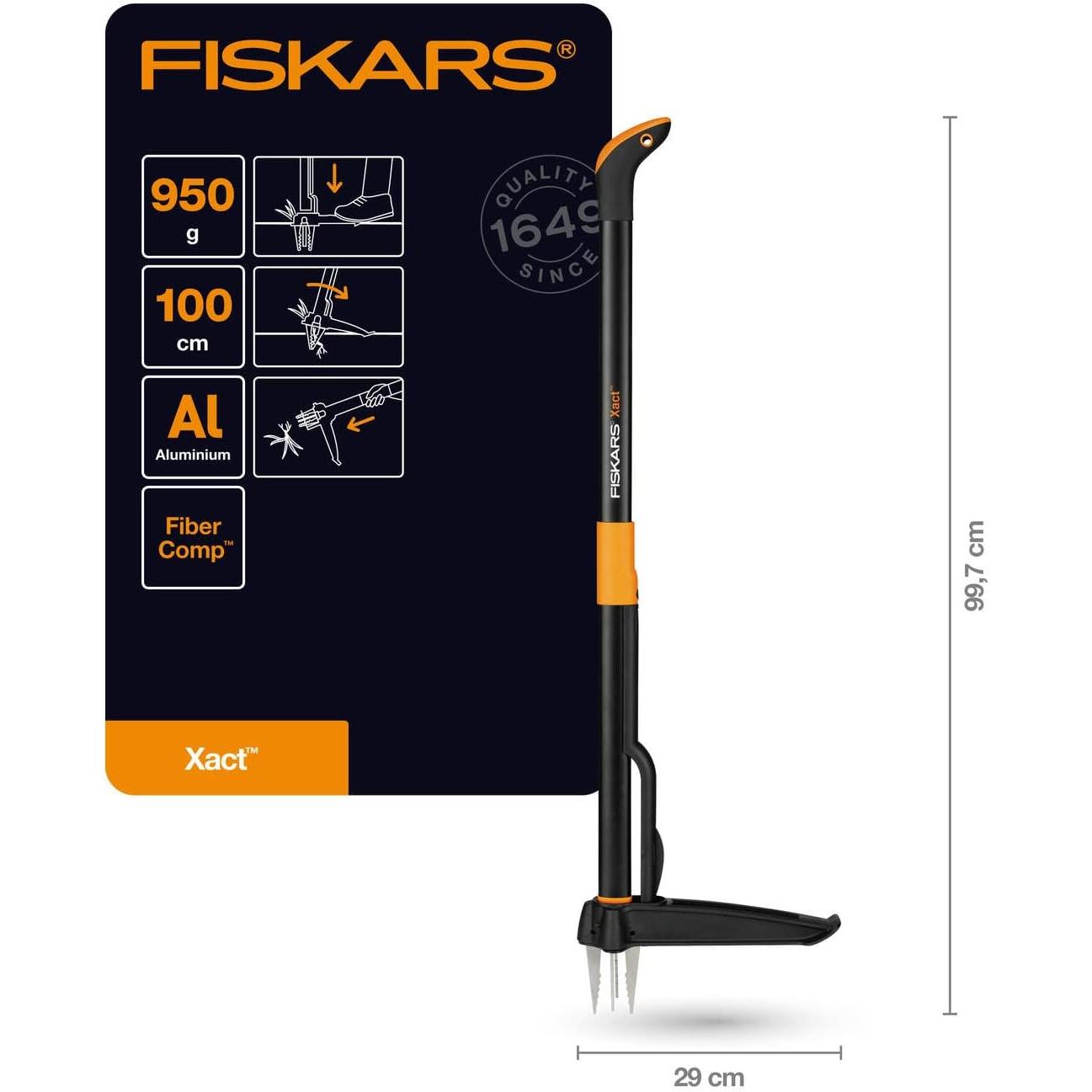 Fiskars Xact Weeder, Length: 1 m, Stainless Steel Arm/Plastic Handle, Black/Orange, Individual Carton Packing, 1077305