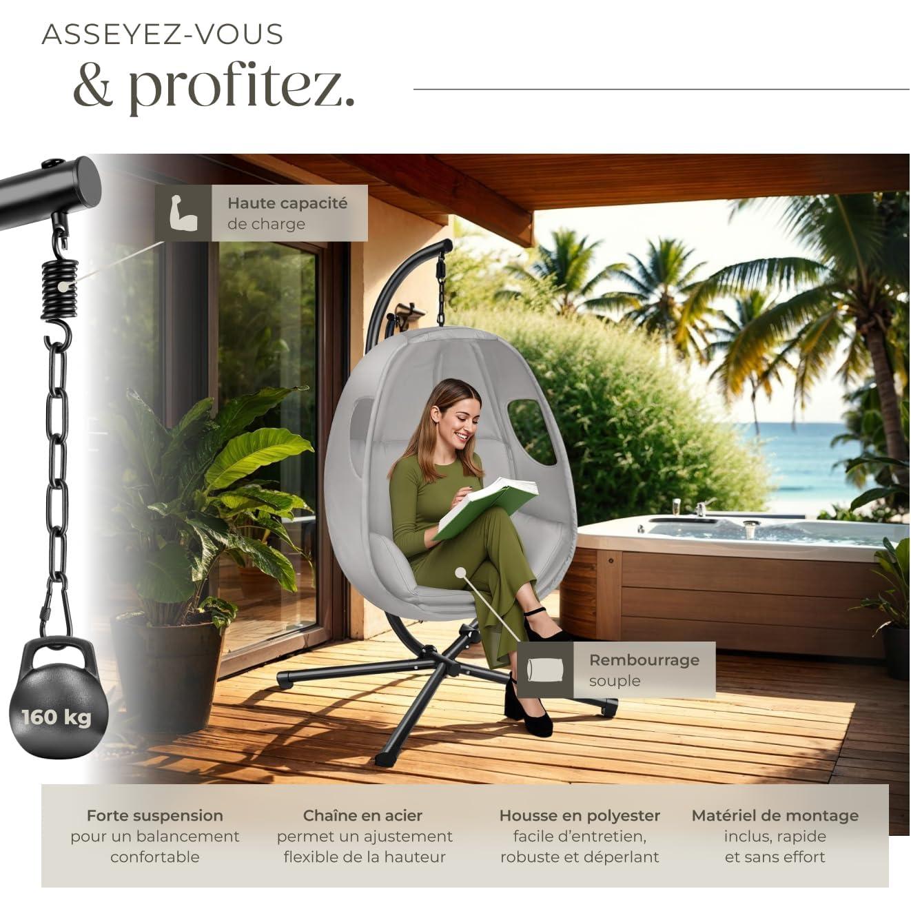 tectake Cocooning Hanging Egg Swing Chair, Comfortable & Durable, Folding Armchair with Steel Frame, Thick Cushion & Protective Cover