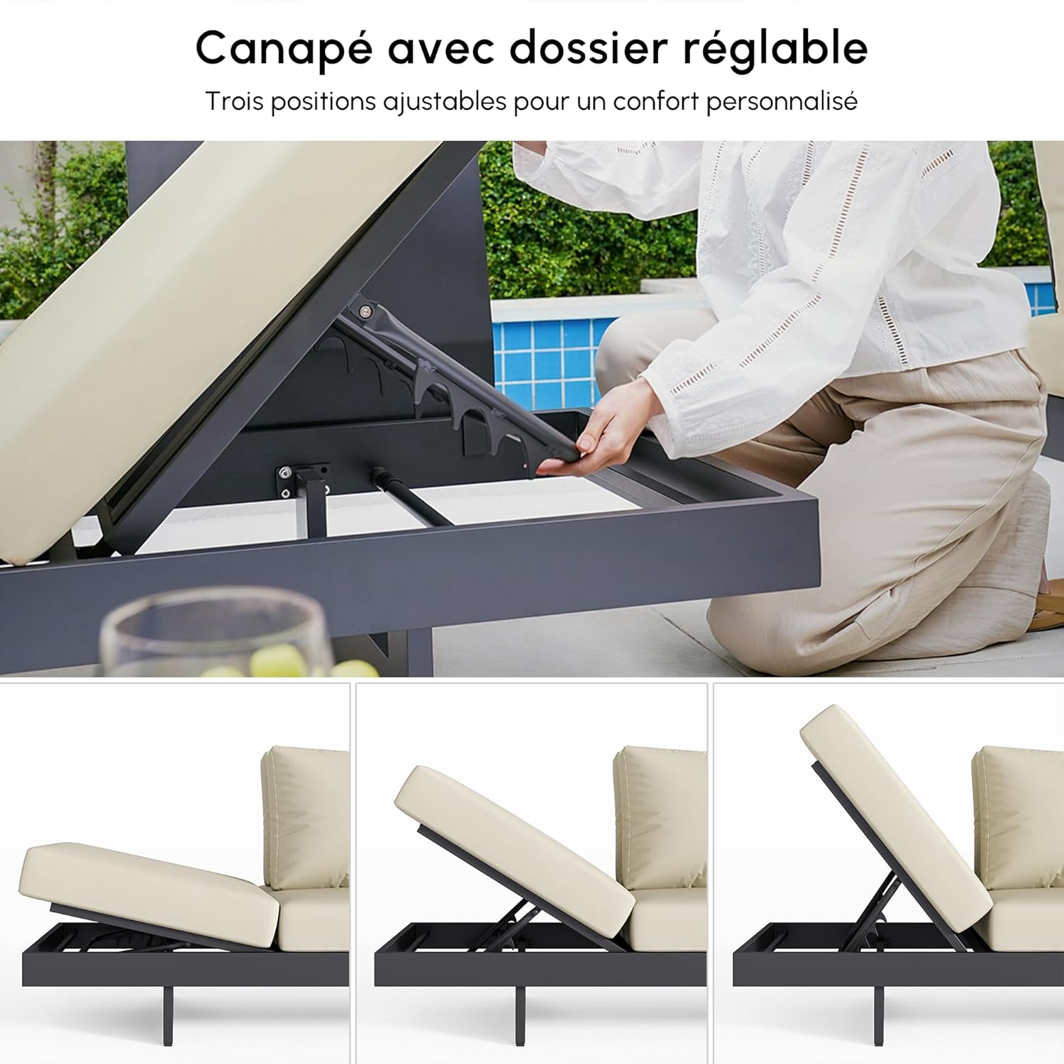 Homary Outdoor Garden Furniture for 6 People, Aluminium and Teak Outdoor Sofa Set Adjustable with Waterproof Cushions, Ideal for Patios and Balconies (Beige, Sofa Set)