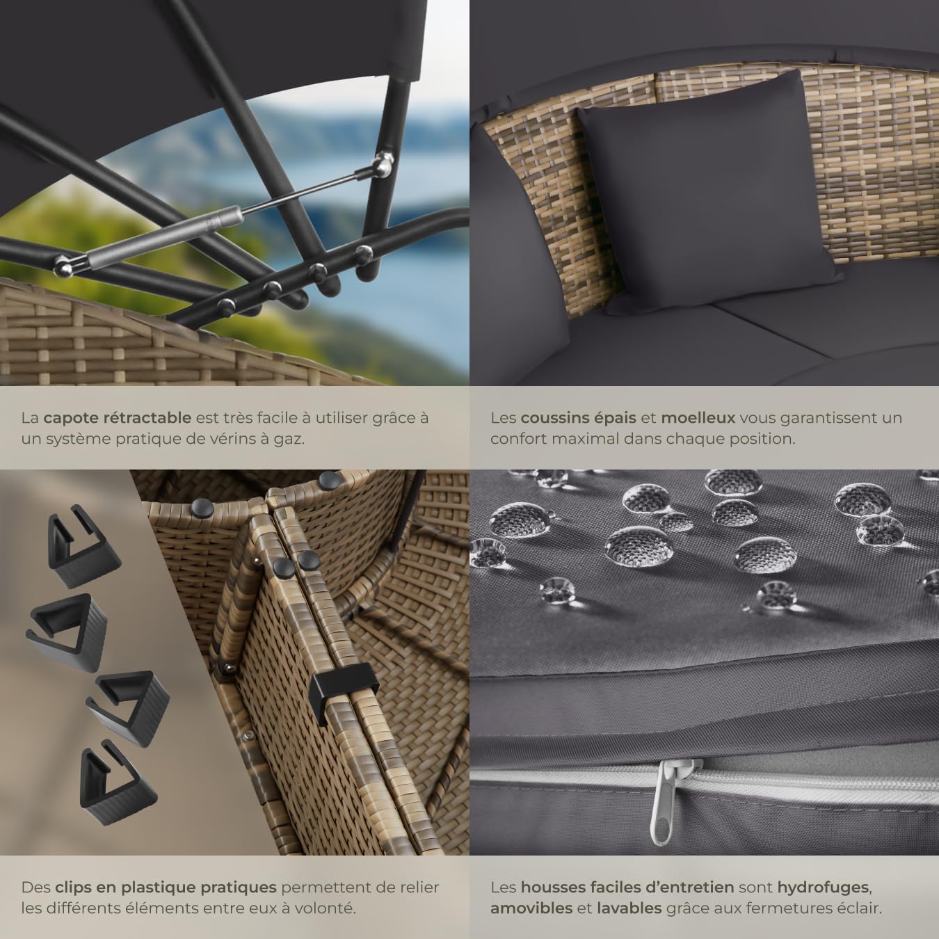 tectake Sun Lounger Outdoor Modular Wicker Resin Garden Furniture with Folding Sun Shade Cushions Included Relax Garden Furniture for Balcony Terrace Veranda