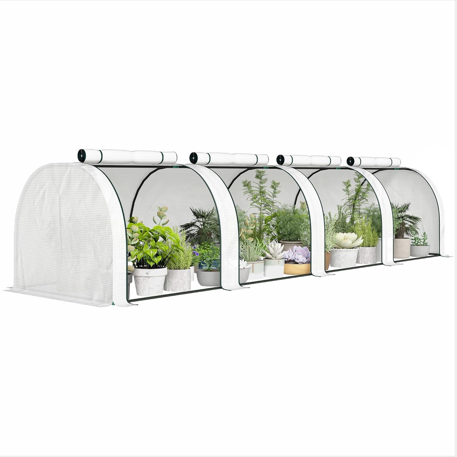 Outsunny Mini Garden Greenhouse Mini Greenhouse Tunnel Tomato Greenhouse 4 x 1 x 0.8 m High Density PE Steel 140 g/m² Anti-UV 4 Doors with Roll-Up Zip White