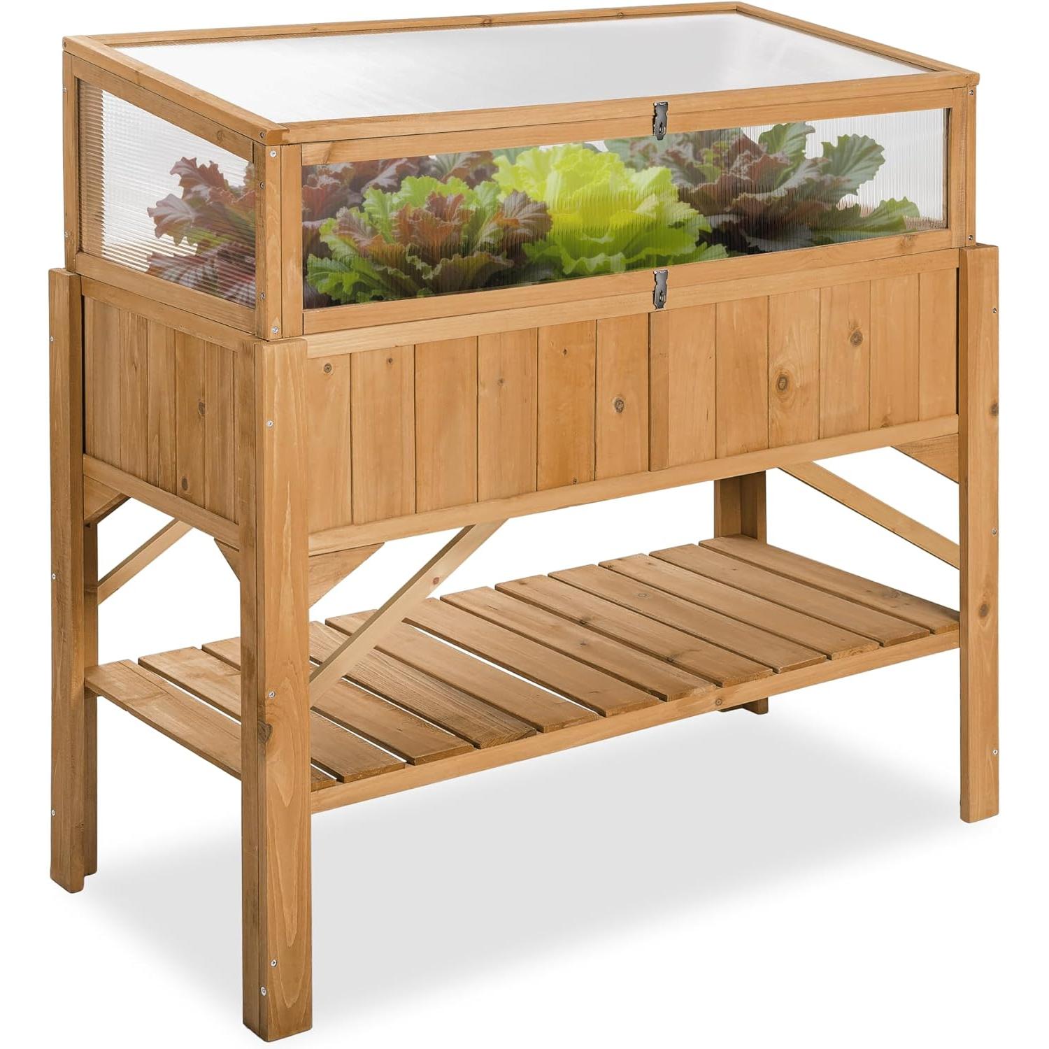 tectake Square Garden Vegetable Garden on Raised Wooden Stand, Wooden Planter Seedling Tray with Storage for Tools, Mini Greenhouse Frame Included – 119 x 57 x 90 cm