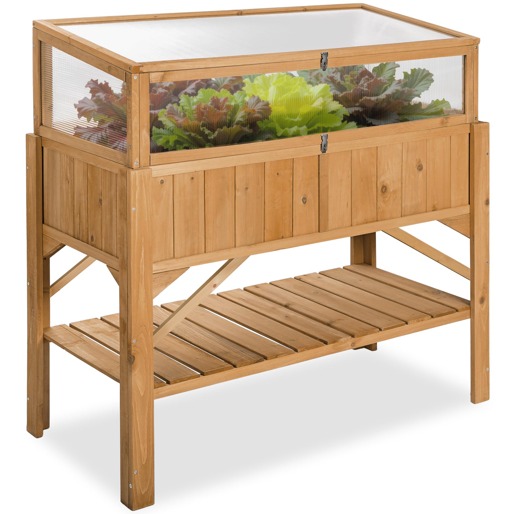 tectake Square Garden Vegetable Garden on Raised Wooden Stand, Wooden Planter Seedling Tray with Storage for Tools, Mini Greenhouse Frame Included – 119 x 57 x 90 cm