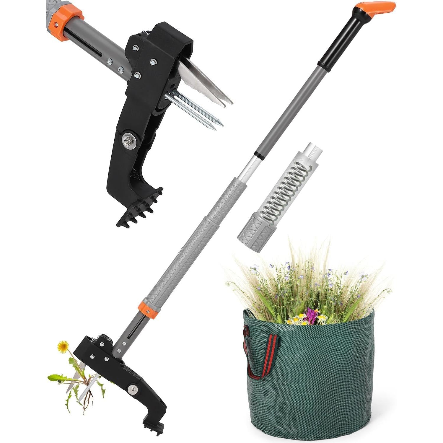 HAUSPROFI Weeder with telescopic handle (length 91 cm to 117 cm) + 50 litre garden bag, with 4 stainless steel claws, automatic return design
