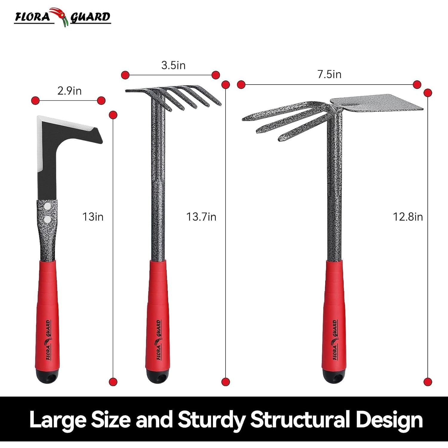 FLORA GUARD 6 Pcs Garden Tools Stainless Steel Garden Tool Kit with 2-in-1 Hoe, Treulle, Rakes, Weeder Knife, Hammered Finish, for Pruning and Maintenance