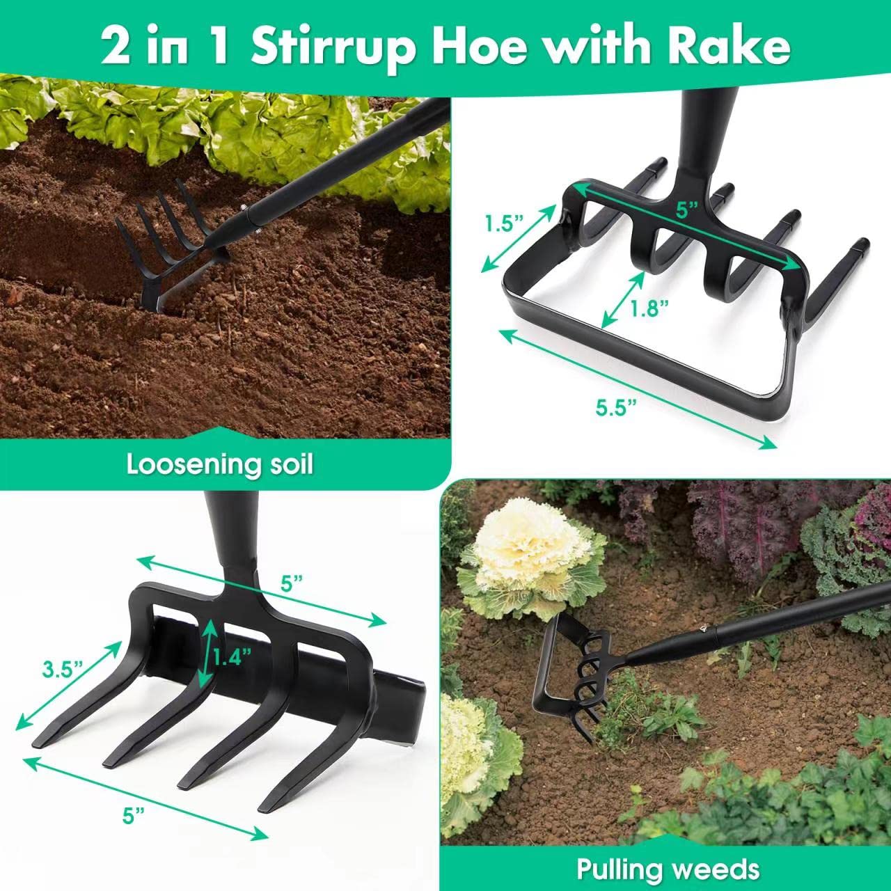 Garden Hoe with Rake, Trident Garden Hoe for Tilling and Weeding Soil, Manual Gardening Cultivator, Adjustable Width 157 cm