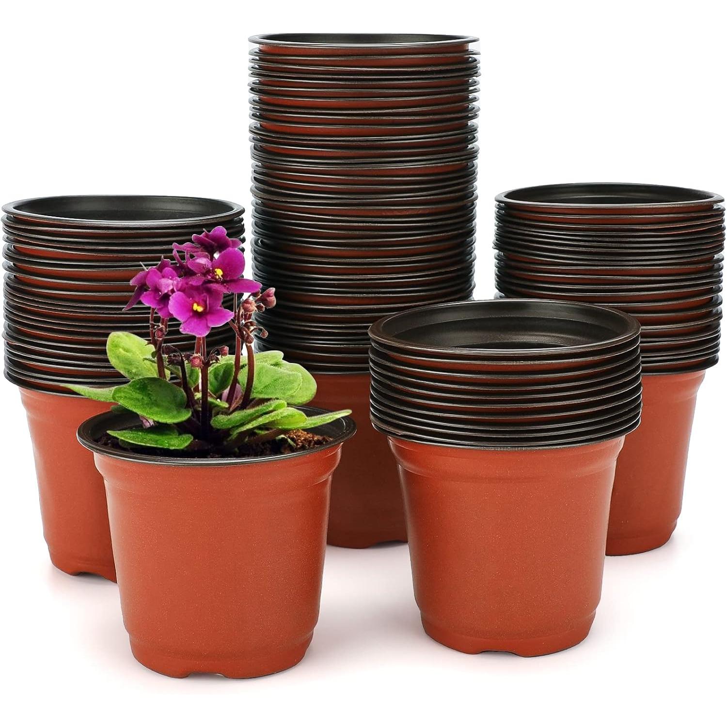 KINGLAKE 100 x 10 cm Flower Pots, Outdoor Seedling Pots, Plastic Plant Pots, Transplanting Pots, Seedling Buckets for Interiors, Red-Brown