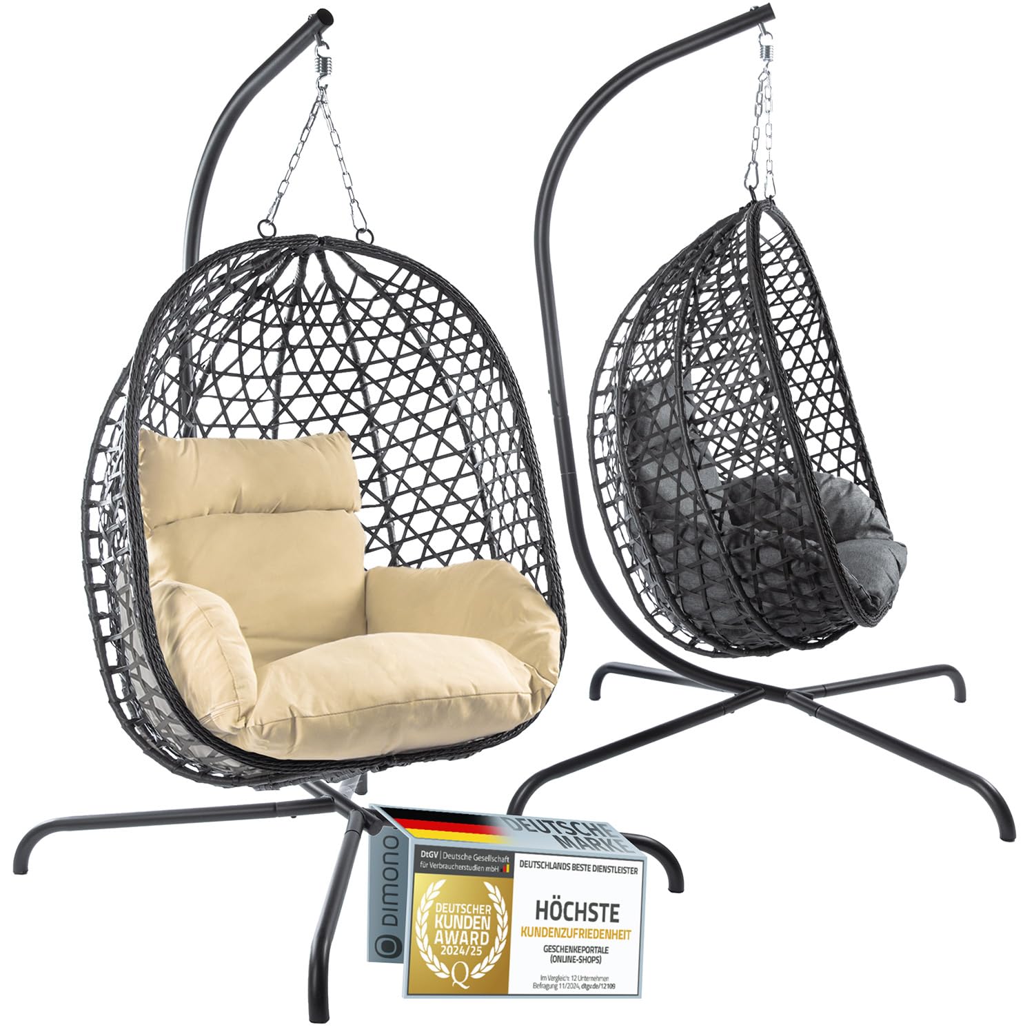 Hanging Chair with Stand, Rattan Relaxation Chair, Outdoor & Indoor, Egg Swing Ideal for Garden, Patio, Reading Corner UVM, Load Capacity of 120 kg (Grey)