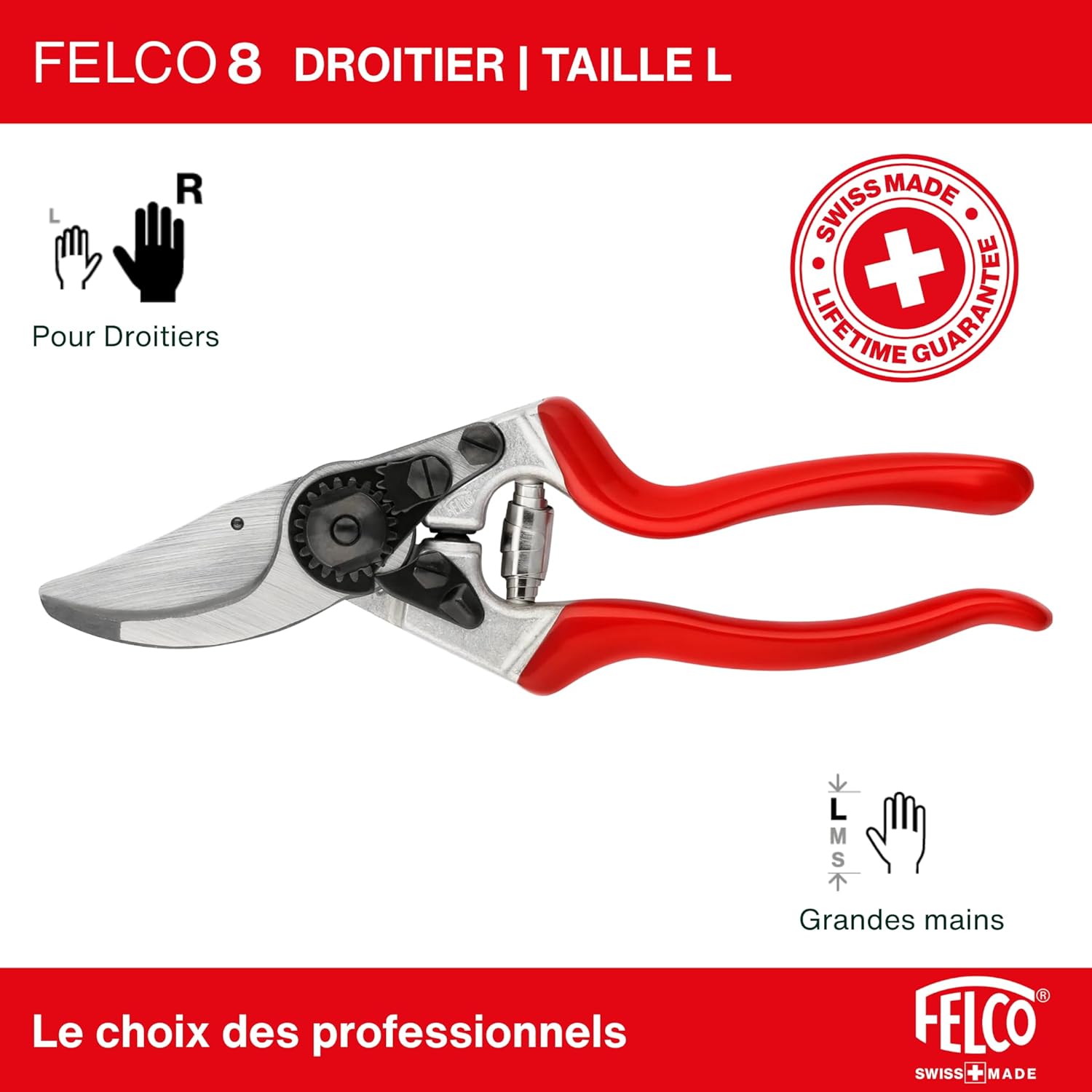 FELCO 8 Bypass Secateurs Right Handed Ergonomic 52 mm Hardened Steel Blade Forged Aluminium Handles Angled Head Shock Absorbers for Large Hand Clean Cut Up to 25 mm Professional Tool