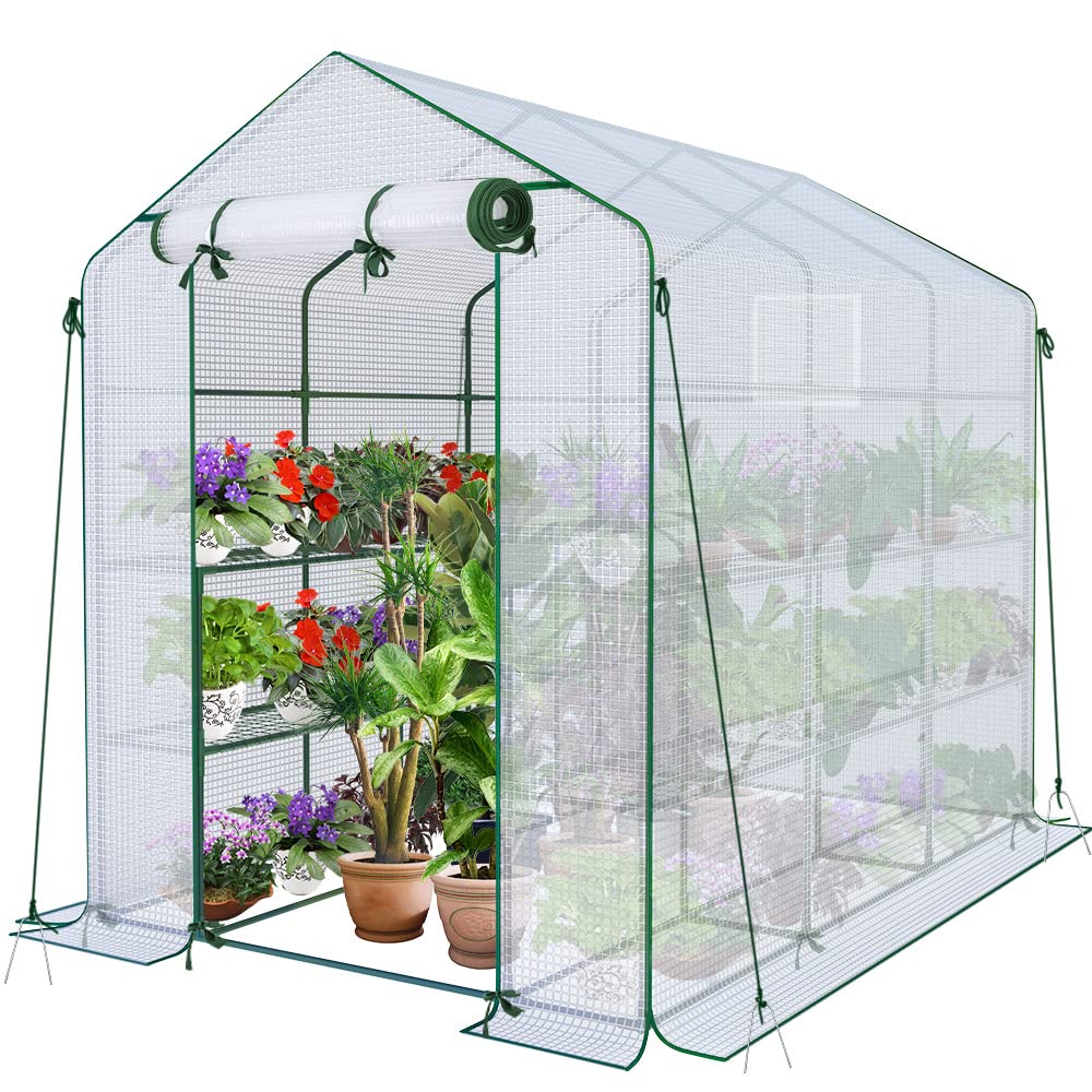 VOUNOT PE Garden Greenhouse with Shelves 3 Levels Garden Greenhouse for Vegetables Plants Flowers Reinforced Tarpaulin 135g/m2 Protect Your Plants in All Seasons 143 x 143 x 195 cm