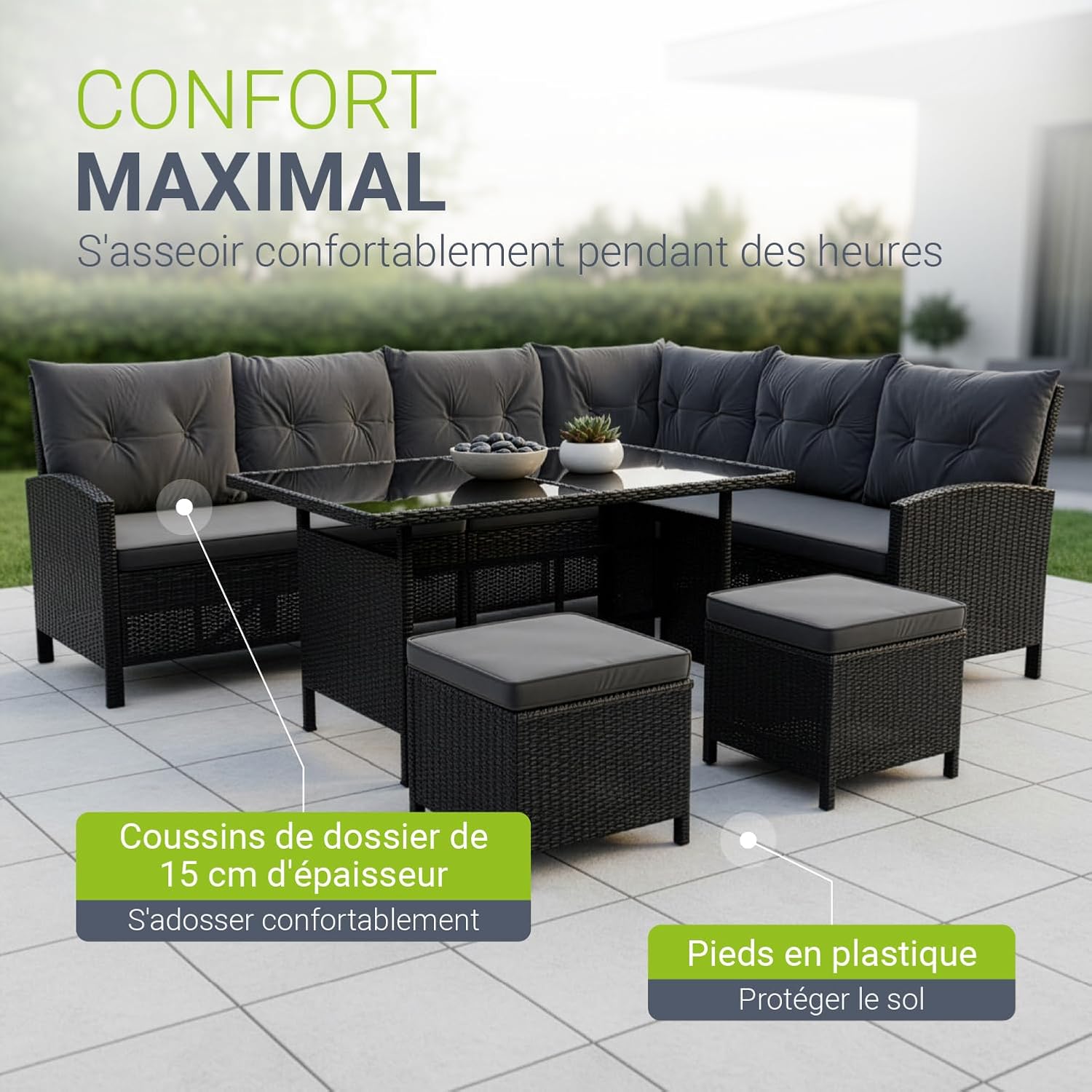 Juskys Manacor Black Polyrattan Garden Furniture Set with Sofa, Table, 2 Stools & Cushions - Garden Furniture Set for up to 7 People - Grey Covers