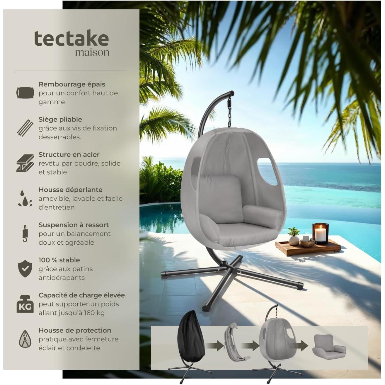 tectake Cocooning Hanging Egg Swing Chair, Comfortable & Durable, Folding Armchair with Steel Frame, Thick Cushion & Protective Cover