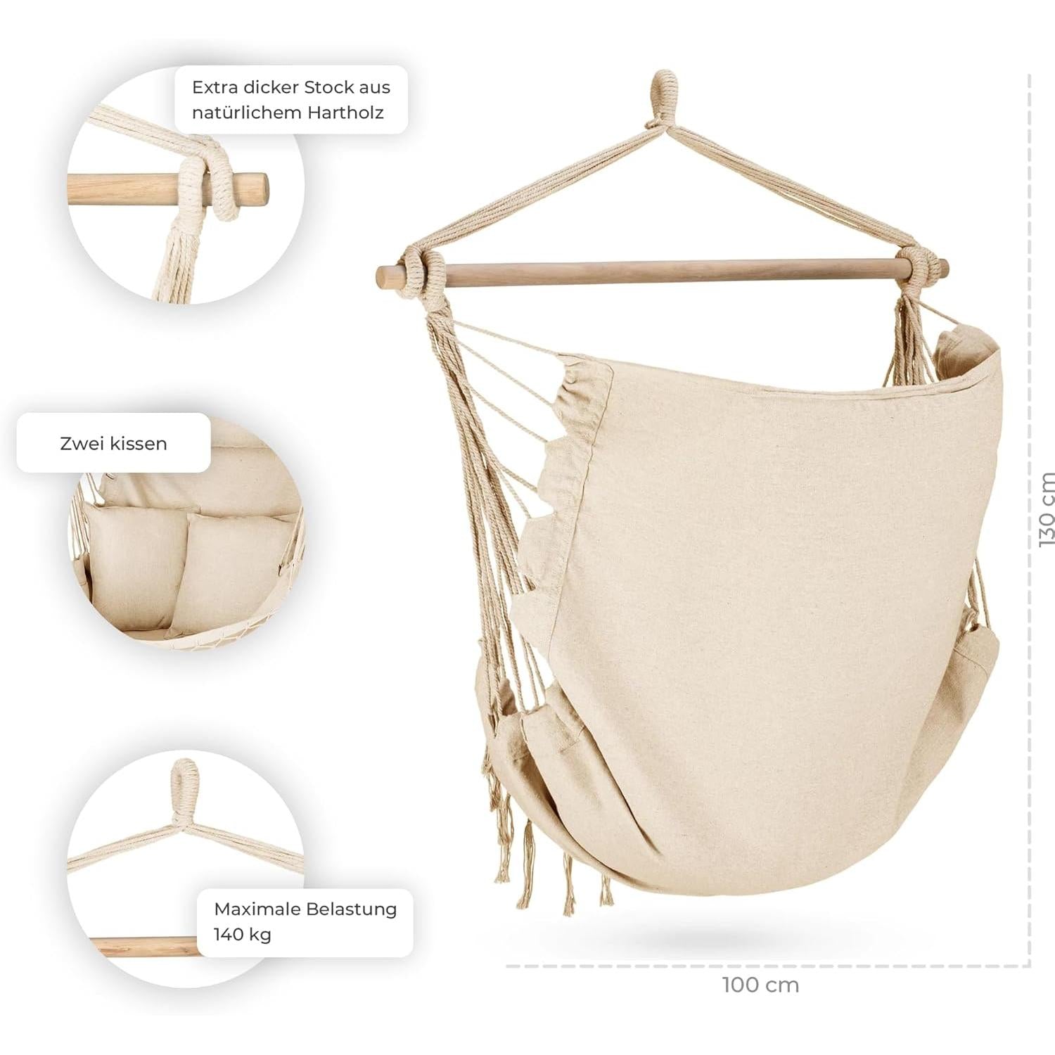 Hanging Chair with 2 Cushions, Hanging Hammock – 100 x 130 x 75 cm – BIS 150 kg – Outdoor and Indoor Hanging Chair – Bohemian Style Suitable for Any Decor – Ideal for Balcony, Garden