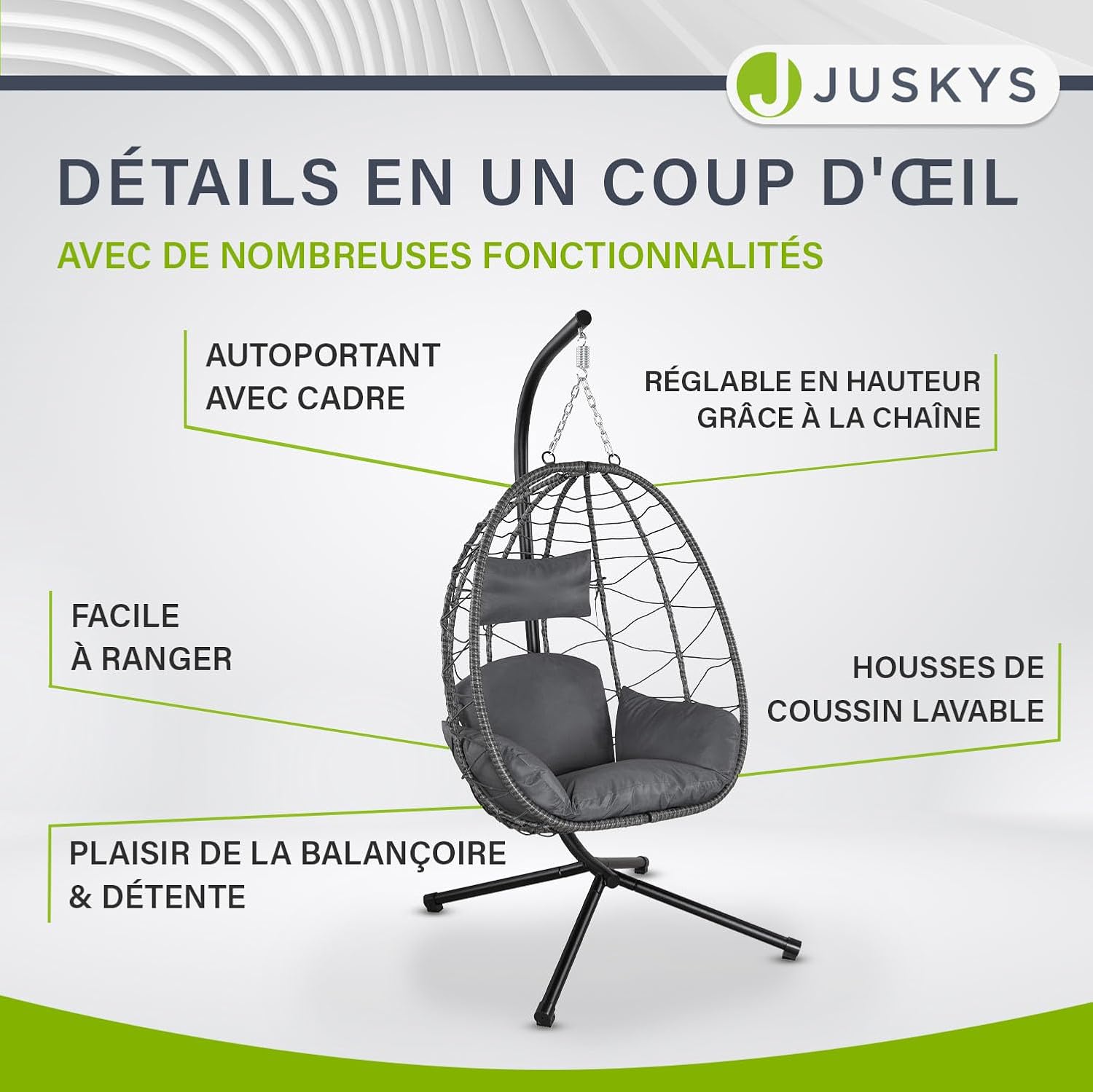 Juskys Aria Hanging Chair with Cushion, Height Adjustable and Foldable, Synthetic Rattan Swing for Outdoor and Indoor Use, Dark Grey Wicker Seat up to 130 kg