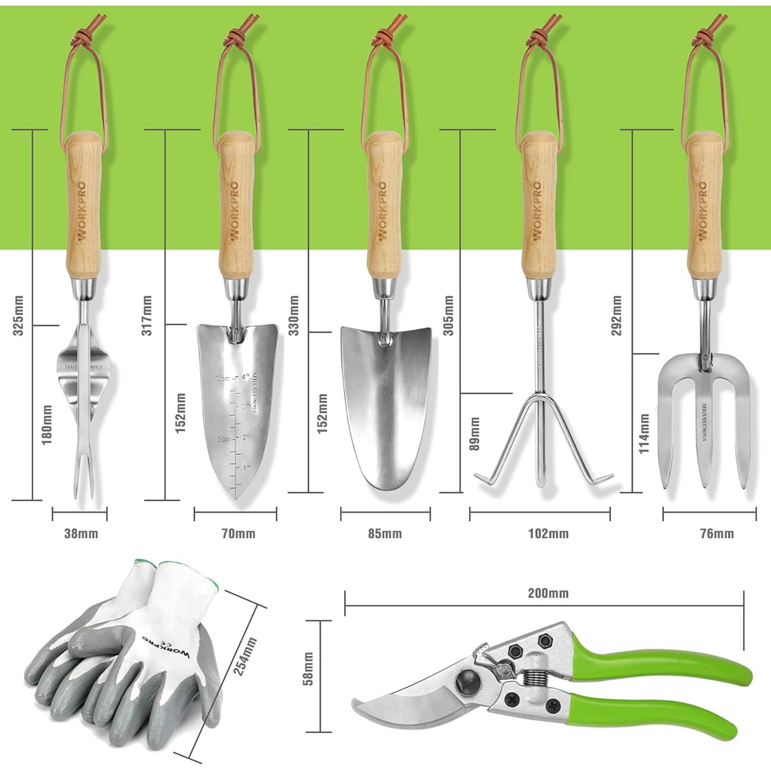 WORKPRO 8 Pcs Garden Tools Heavy Duty Stainless Steel Gardening Set with Wood Handle Pruning Shears Gloves Weeder Claw Fork Soil Shovel Transplanters for Gardener