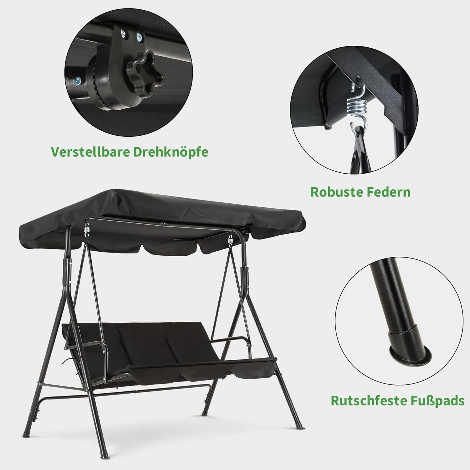 M MCombo Hollywood 3 Seater Swing, Garden Swing with Adjustable Roof, Outdoor Rocking Bench, Weatherproof Garden Lounger, 114 x 170 x 155 cm, Black 8003