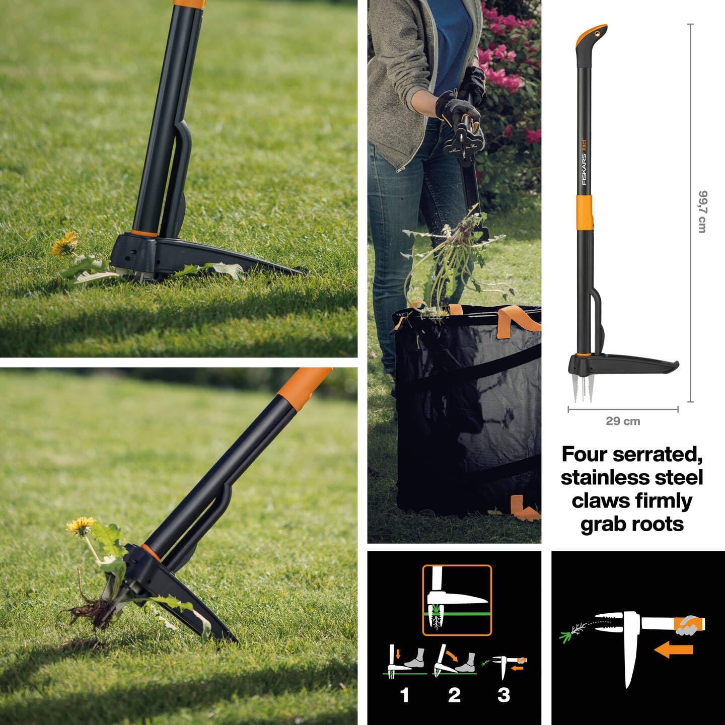 Fiskars Xact Weeder, Length: 1 m, Stainless Steel Arm/Plastic Handle, Black/Orange, Individual Carton Packing, 1077305