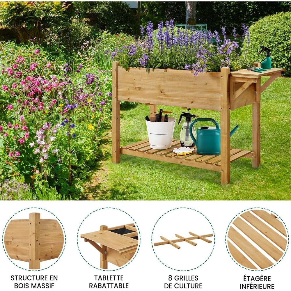 Yaheetech Square Garden on Feet Outdoor Square Wooden Plant Raised Wooden Planter with Drainage Holes for Home / Balcony / Garden Growing Light Brown