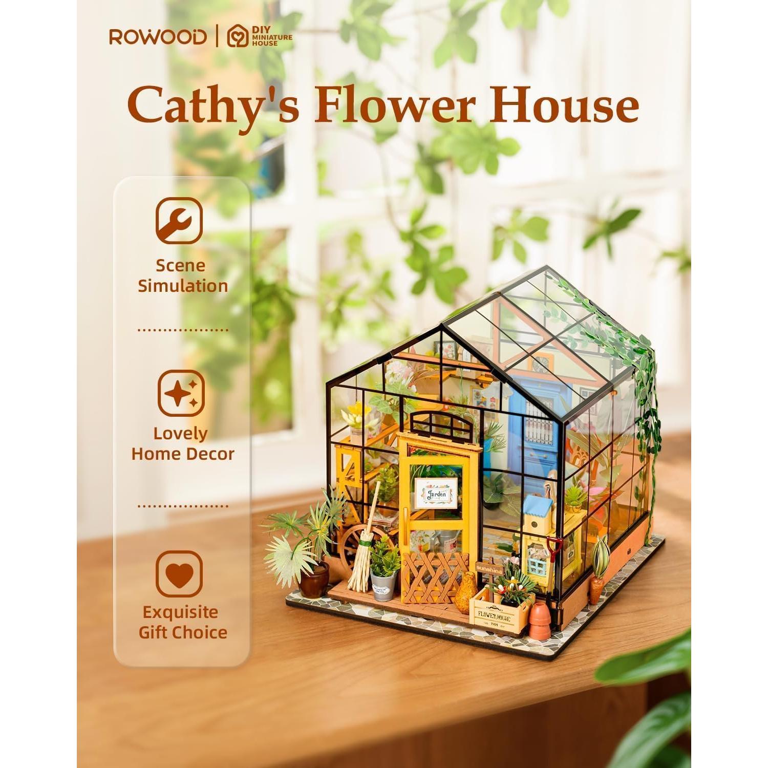 ROWOOD Mini Flower House of Cathy Miniature Doll Greenhouse, Wood, DIY Model, Birthday Gift for Adult Women Girls