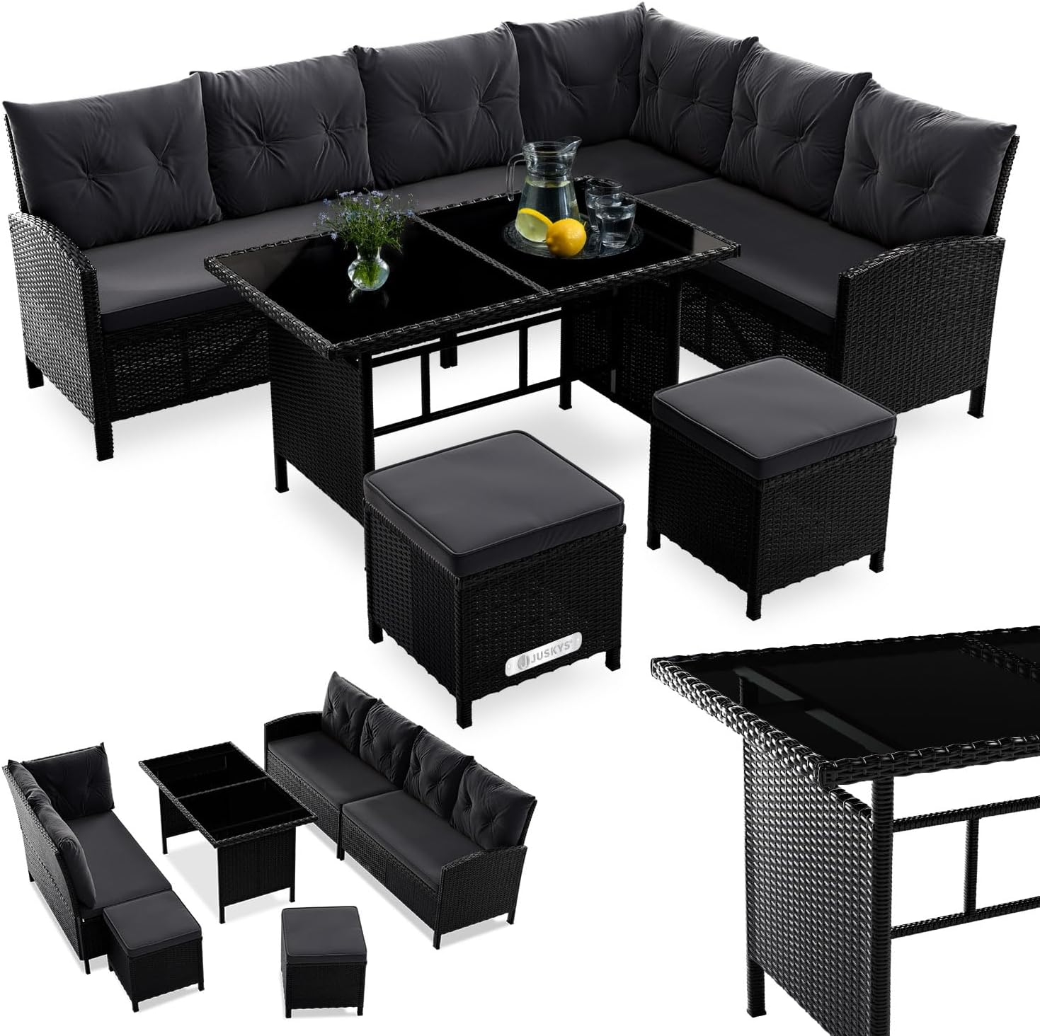 Juskys Manacor Black Polyrattan Garden Furniture Set with Sofa, Table, 2 Stools & Cushions - Garden Furniture Set for up to 7 People - Grey Covers