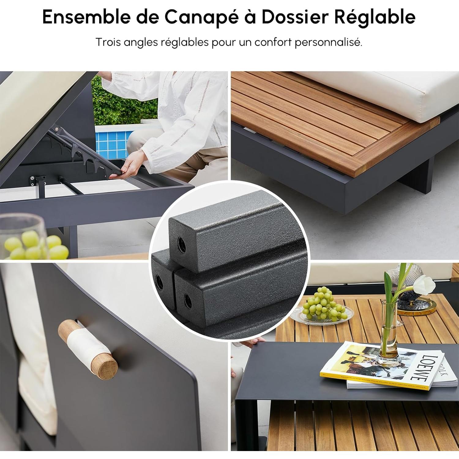 Homary Outdoor Garden Furniture for 6 People, Aluminium and Teak Outdoor Sofa Set Adjustable with Waterproof Cushions, Ideal for Patios and Balconies (Beige, Sofa Set)