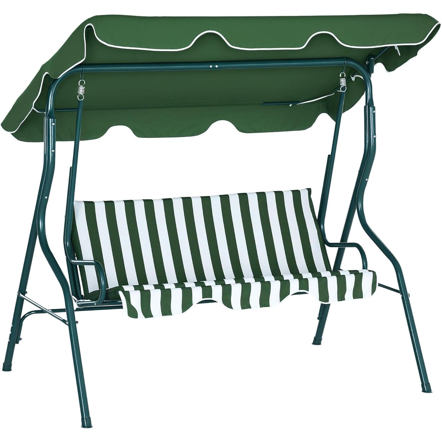 Outsunny Garden Swing Seat with 3 Seater Waterproof Roof Adjustable Tilt Cushions Seat Back 1.7L x 1.1W x 1.53H m Steel Polyester Green White Striped