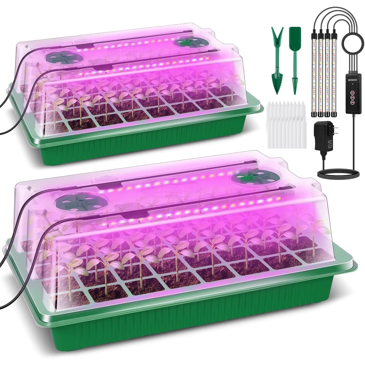 Verdenu Mini Greenhouse for Plants with Grow Light, 2 Pieces Mini Greenhouse for Seedlings with Moisture Dome, Indoor Greenhouse with Smart Timer, 3 Modes, 4 Timers, Seedling Tray