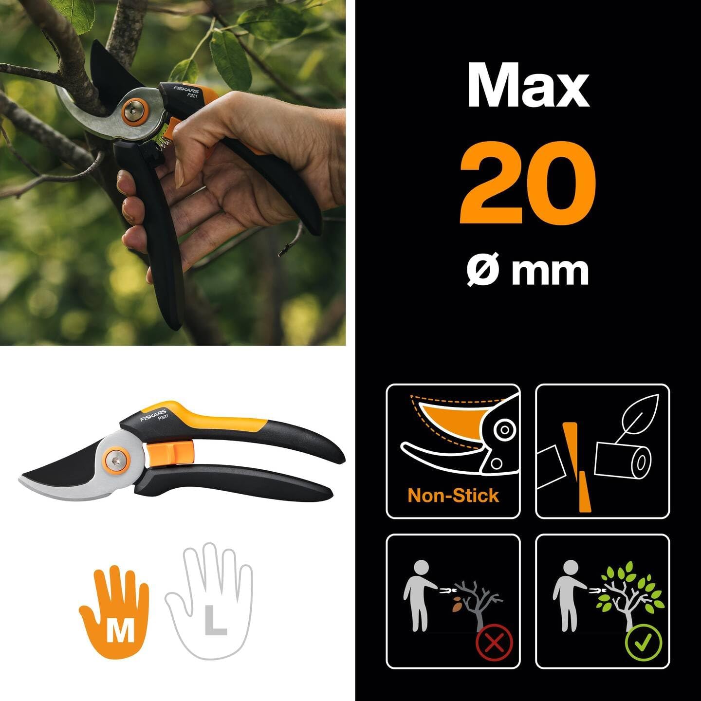 Fiskars Pruning Shears M, Solid, P321, for Fresh Branches and Twigs, Non-Stick Coating, Stainless Steel Blade, Length: 20 cm, Black/Orange, 1057162