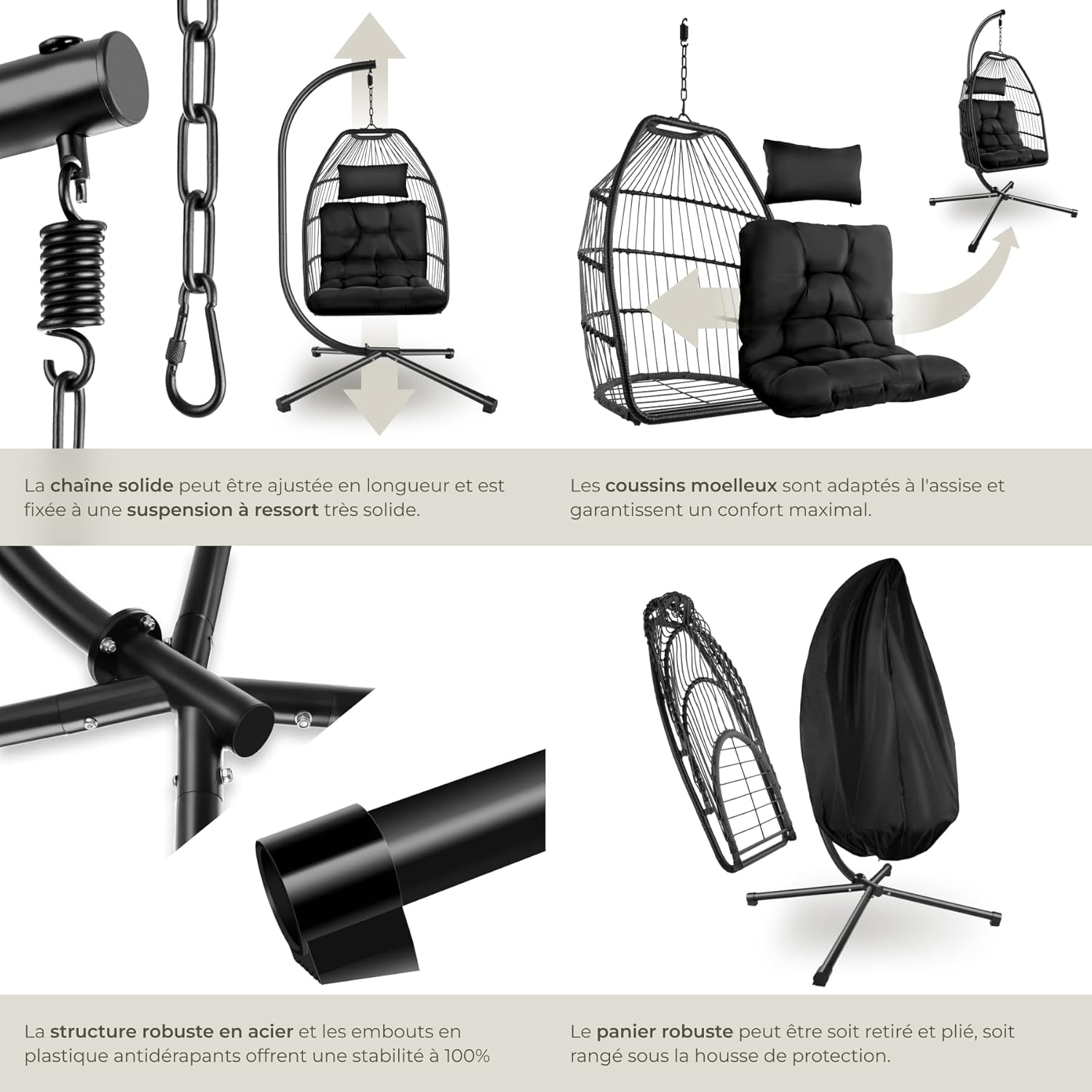 tectake Hanging Egg Hammock Chair Cocooning Swing Chair Comfortable Foldable Durable Relax Chair with Steel Frame & Thick Cushion