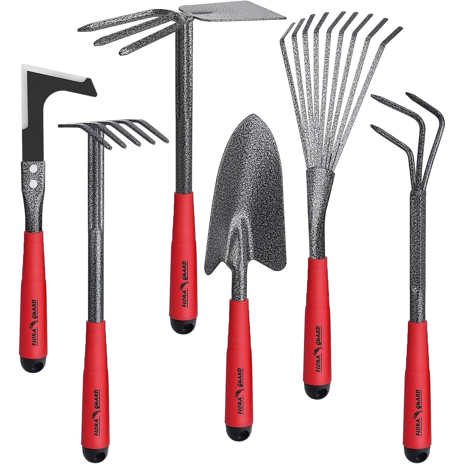 FLORA GUARD 6 Pcs Garden Tools Stainless Steel Garden Tool Kit with 2-in-1 Hoe, Treulle, Rakes, Weeder Knife, Hammered Finish, for Pruning and Maintenance
