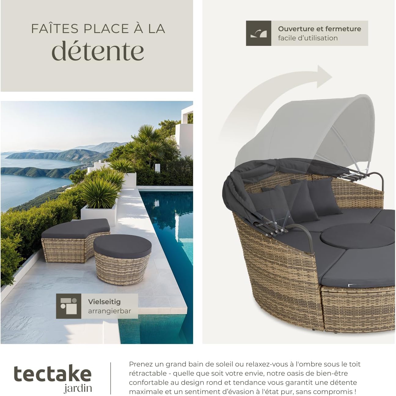 tectake Sun Lounger Outdoor Modular Wicker Resin Garden Furniture with Folding Sun Shade Cushions Included Relax Garden Furniture for Balcony Terrace Veranda