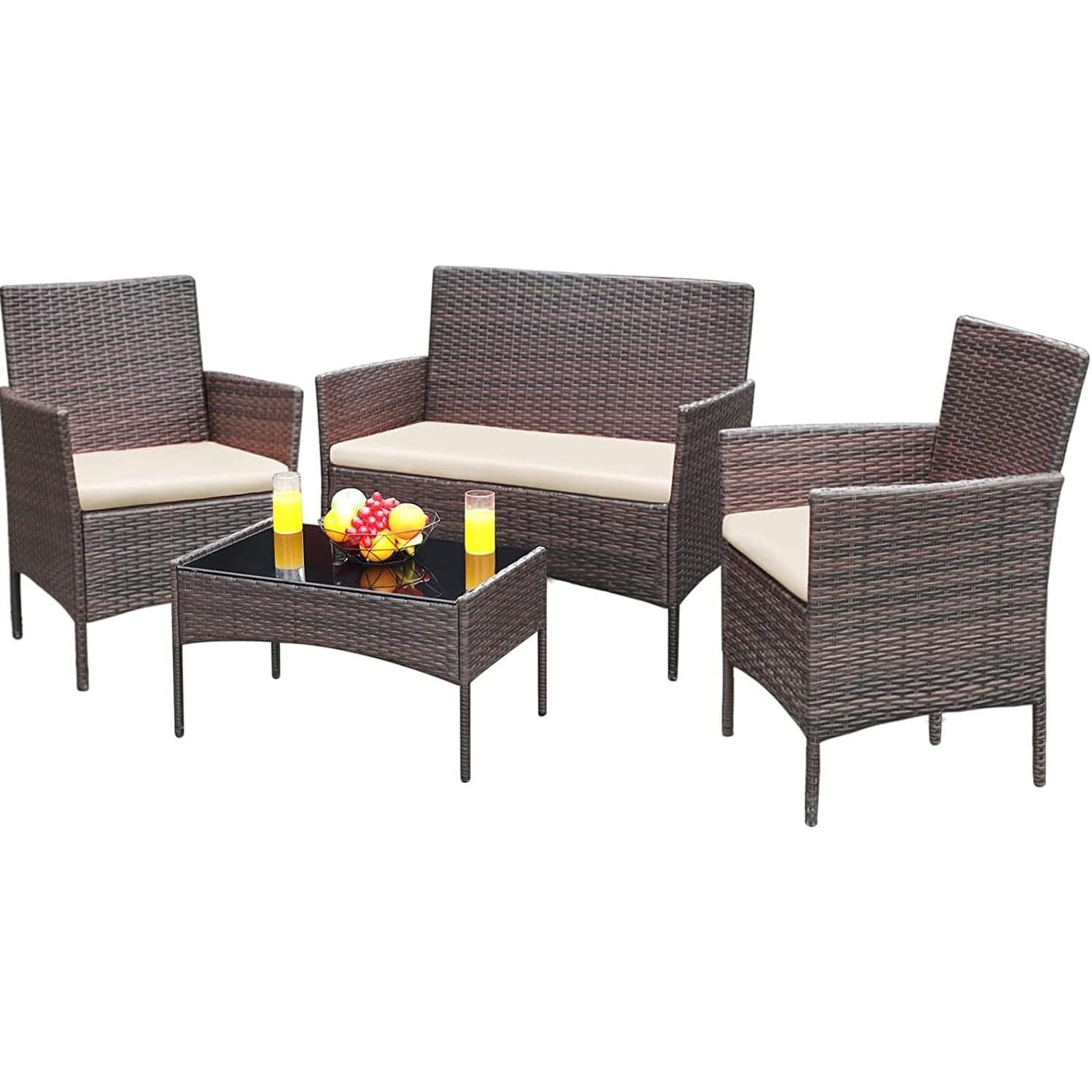 4 Piece Outdoor Resin Garden Furniture Set 2 Armchairs, 1 2 Seater Sofa and 1 Woven Table 4 Person Garden Furniture for Patio, Garden, Balcony, (4 Pieces)