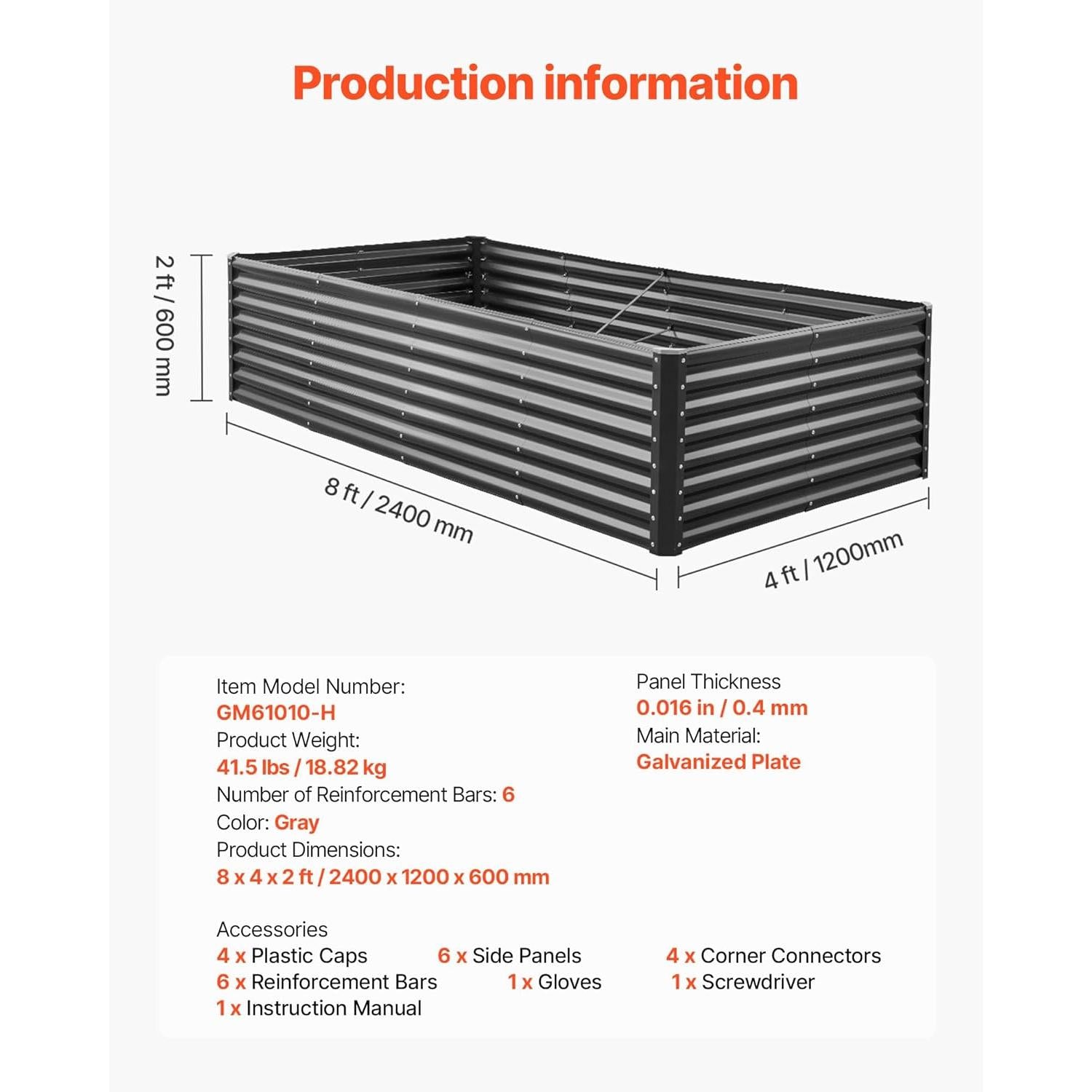 VEVOR Raised Metal Vegetable Garden Garden Garden Bed 240 x 120 x 60 cm Square Galvanised Raised Bed Garden Bed Garden Planter for Growing Vegetables, Flowers, Herbs, Aromatic Plants, Dark Grey