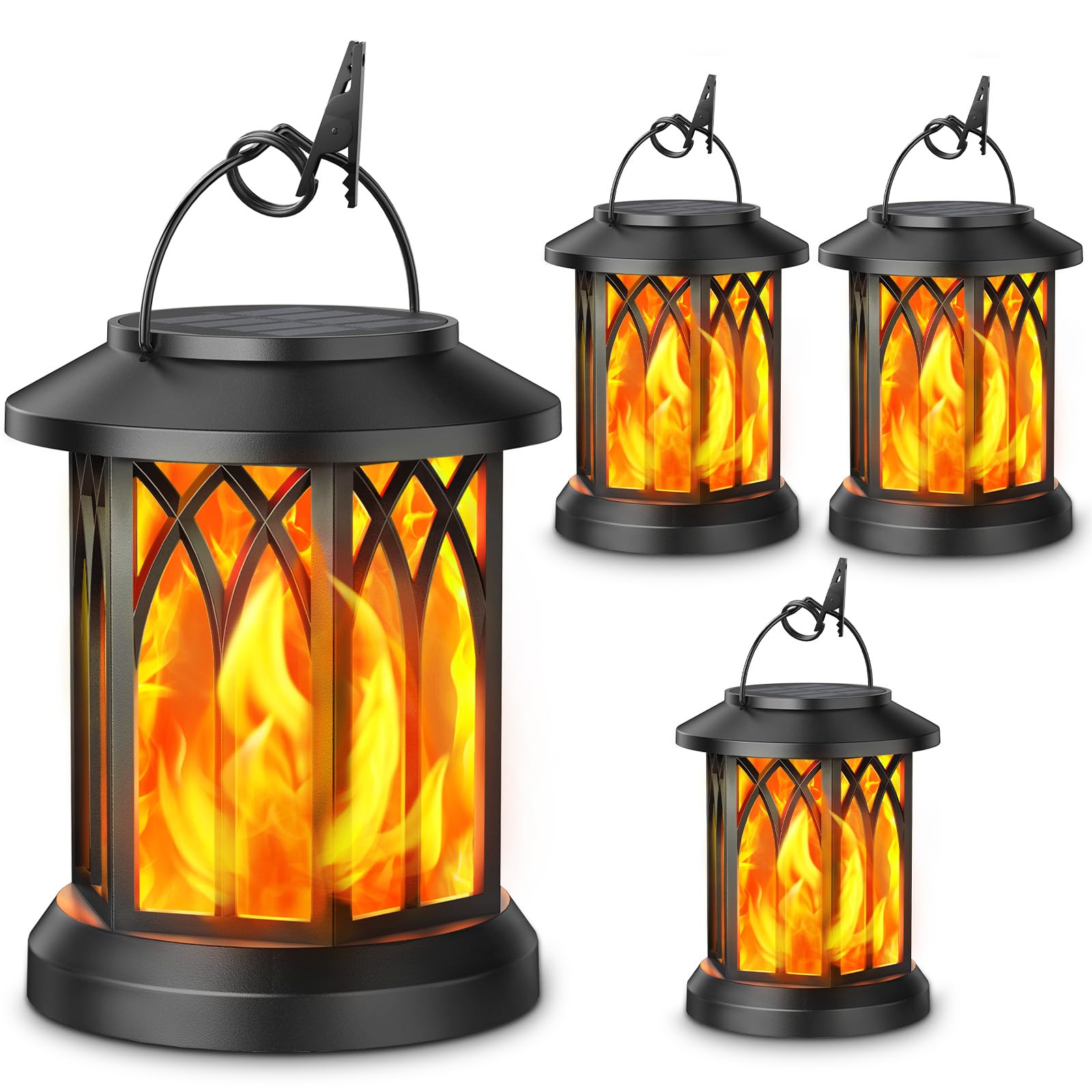 GEARLITE 2 x Solar Lantern Outdoor Garden Hanging Flame Effect Decorative IP65 Waterproof LED Outdoor Hanging Light with Clips for Garden Balcony