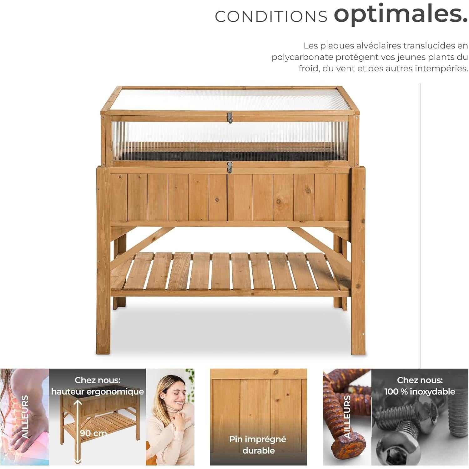 tectake Square Garden Vegetable Garden on Raised Wooden Stand, Wooden Planter Seedling Tray with Storage for Tools, Mini Greenhouse Frame Included – 119 x 57 x 90 cm
