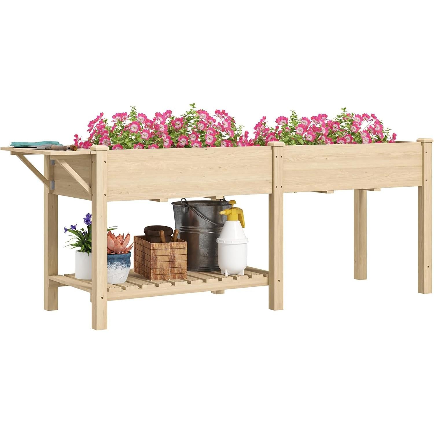 Outsunny Square Garden Planter on Legs, 2 Trays with Divider, Foldable Shelf and Lower Shelf, Wooden Raised Vegetable Garden for Flowers, 207 x 59 x 78 cm, Natural Wood