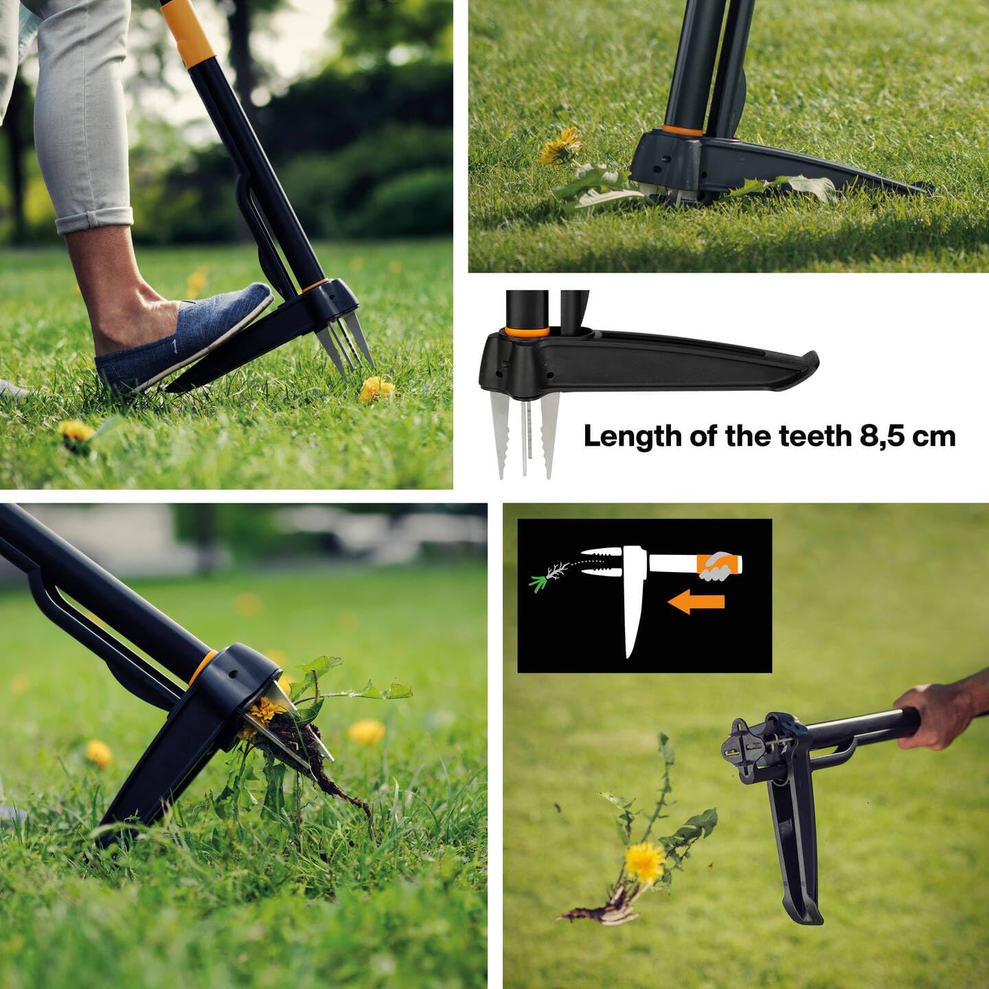 Fiskars Xact Weeder, Length: 1 m, Stainless Steel Arm/Plastic Handle, Black/Orange, Individual Carton Packing, 1077305