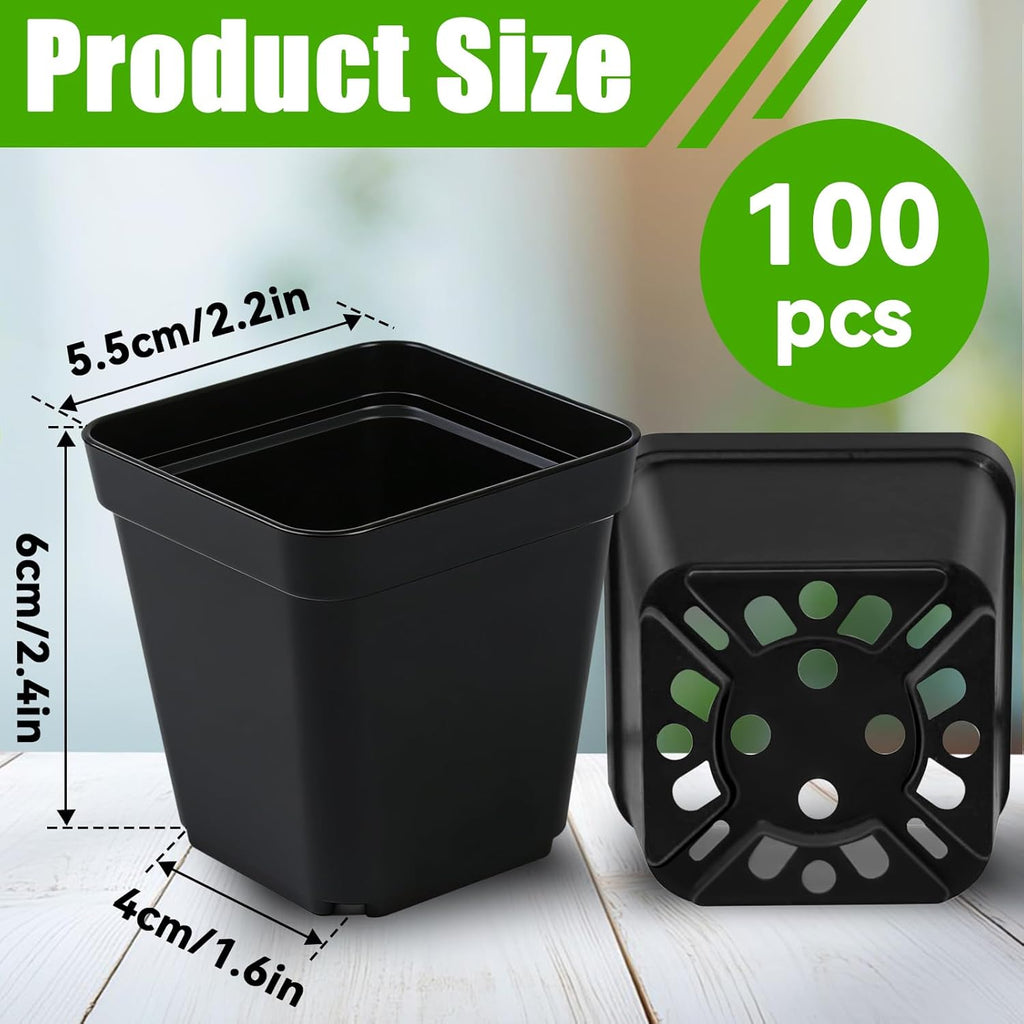 Seedling Pots Diameter 5.5 x 5.5 cm, Pack of 100, Plastic Plant Pots with Drainage Hole, Black Plastic Pots for Indoor and Garden, Seedling Pot Container Transplanting